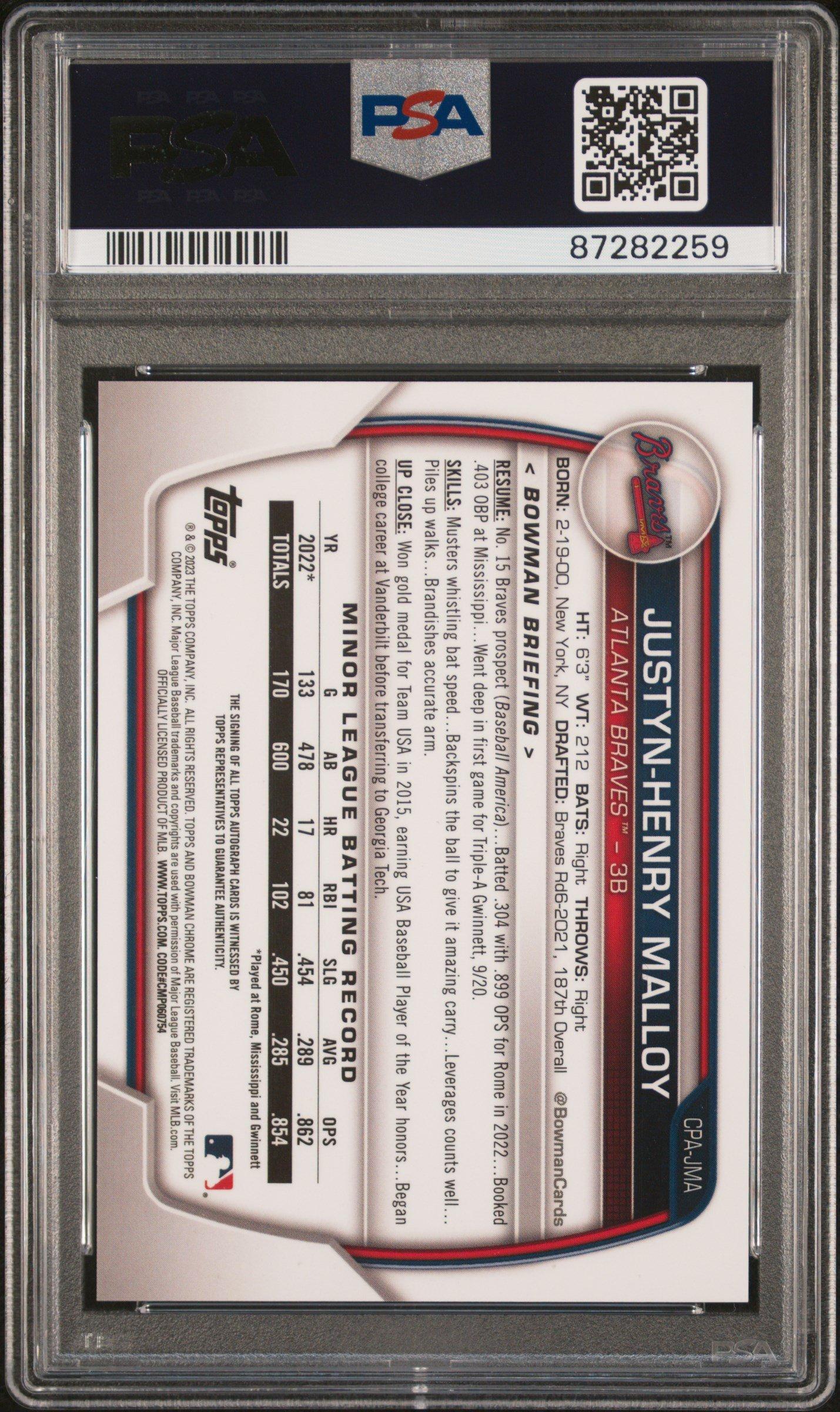 2023 Bowman Chrome Prospect Autographs Cpajma Justyn-henry Malloy Speckle Refractor PSA 10