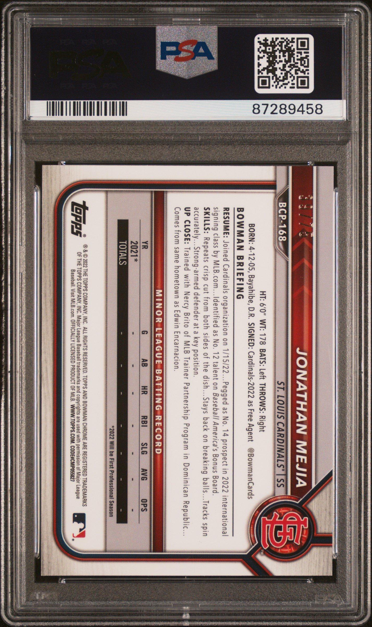 2022 Bowman Chrome Prospects Bcp168 Jonathan Mejia Yellow Refractor PSA 10
