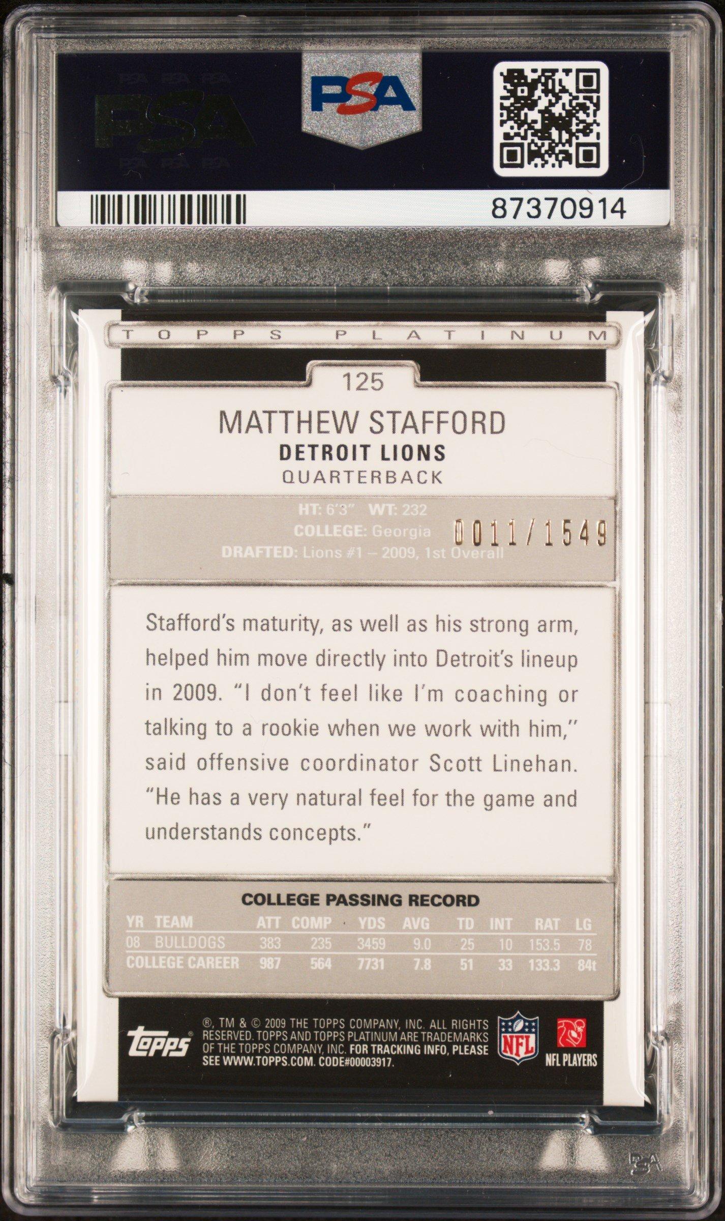2009 Topps Platinum 125 Matthew Stafford Platinum Refractor 1549 PSA 9