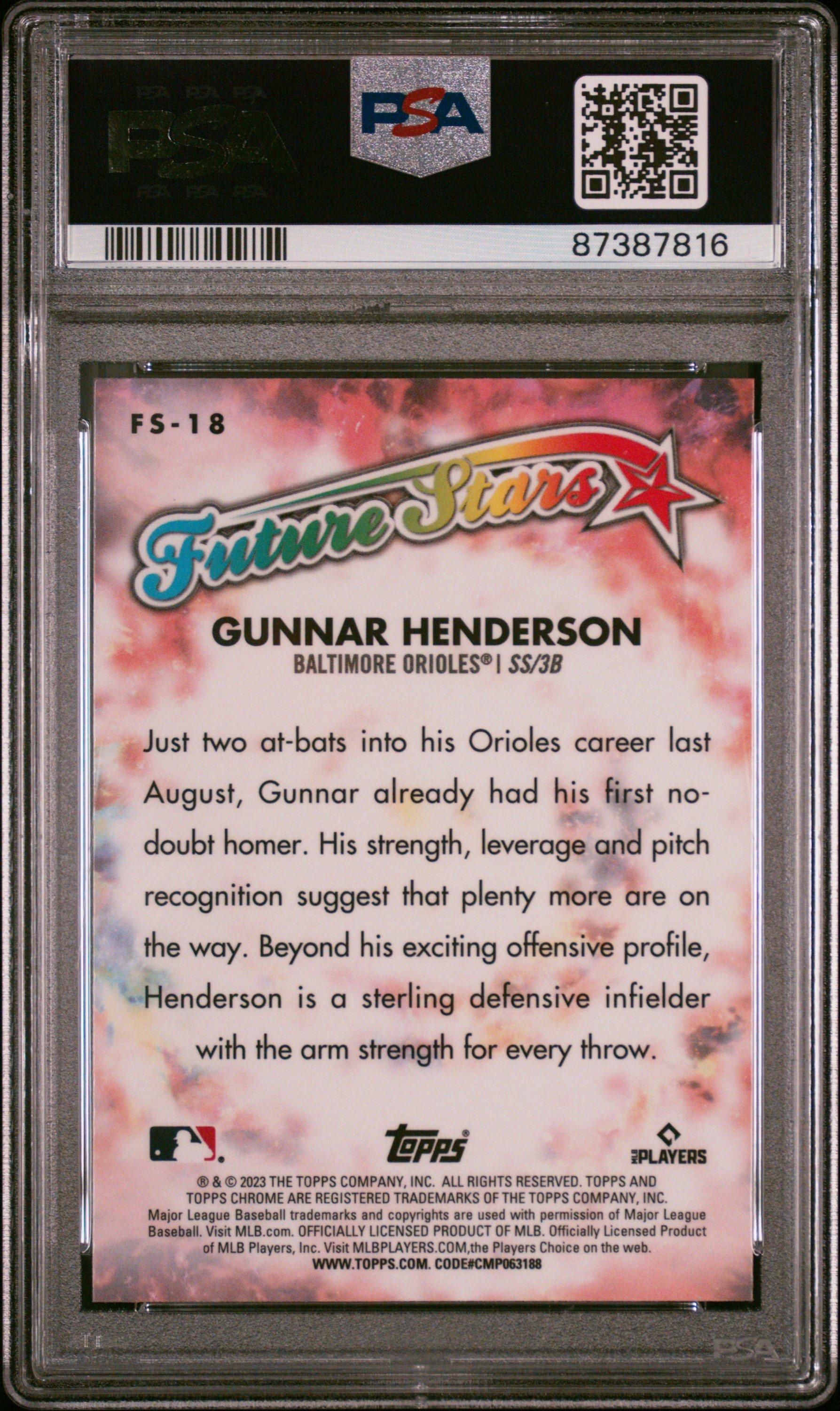2023 Topps Chrome Future Stars Fs18 Gunnar Henderson PSA 10
