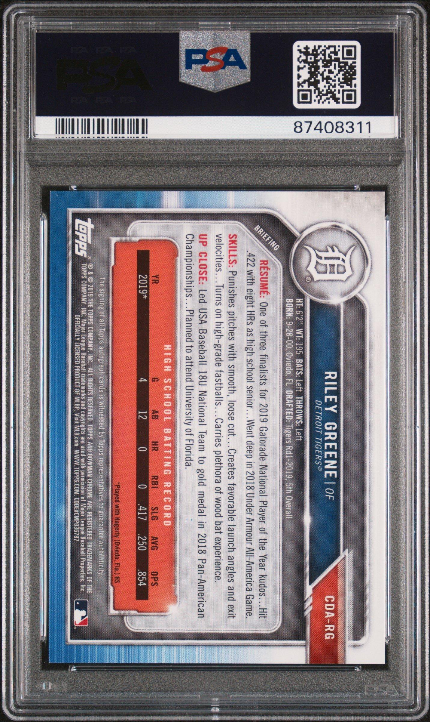 2019 Bowman Draft Chrome Draft Picks Autograph Cdarg Riley Greene PSA 10