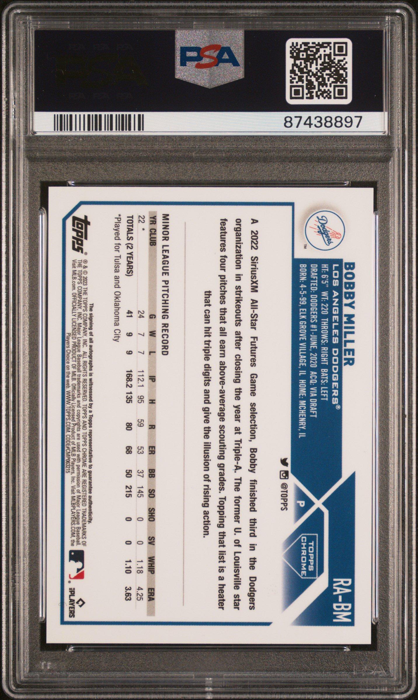 2023 Topps Chrome Update Autograph Rabm Bobby Miller Purple Speckle PSA 10