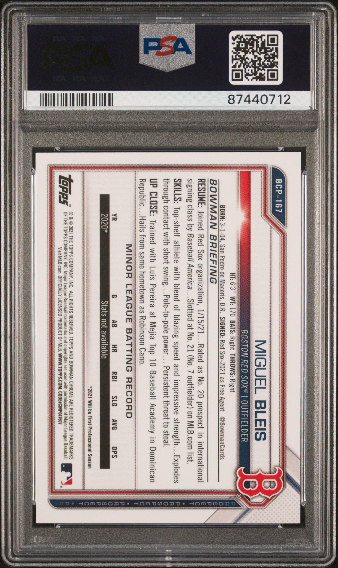 2021 Bowman Chrome Prospects Bcp167 Miguel Bleis Orange Refractor-25 PSA 10
