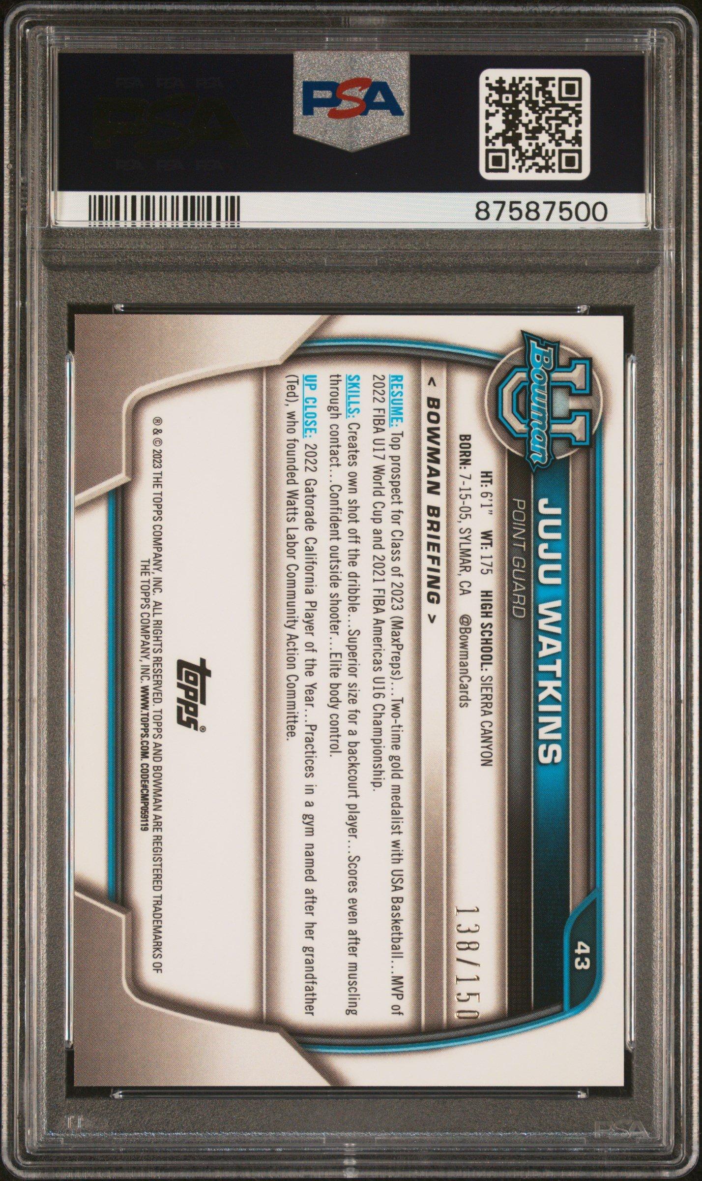 2022 Bowman Chrome University 43 Juju Watkins Fuchsia Mini Diamond Refractor PSA 10