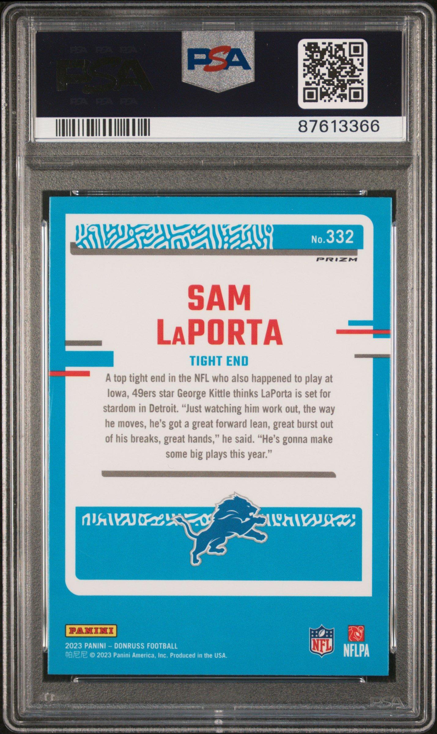 2023 Panini Donruss 332 Sam Laporta Optic Preview-pink PSA 10
