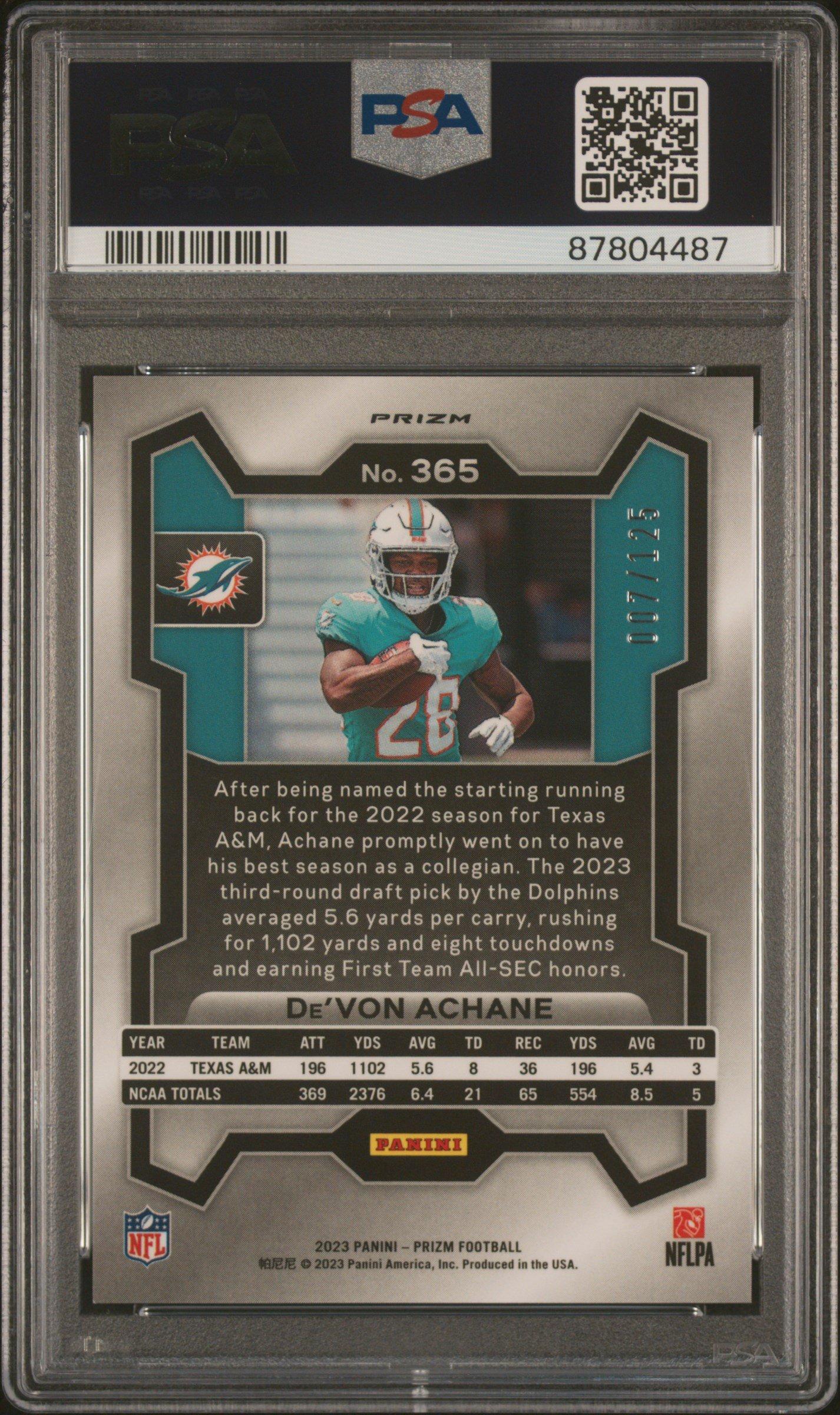 2023 Panini Prizm 365 De'von Achane Purple Prizm PSA 10