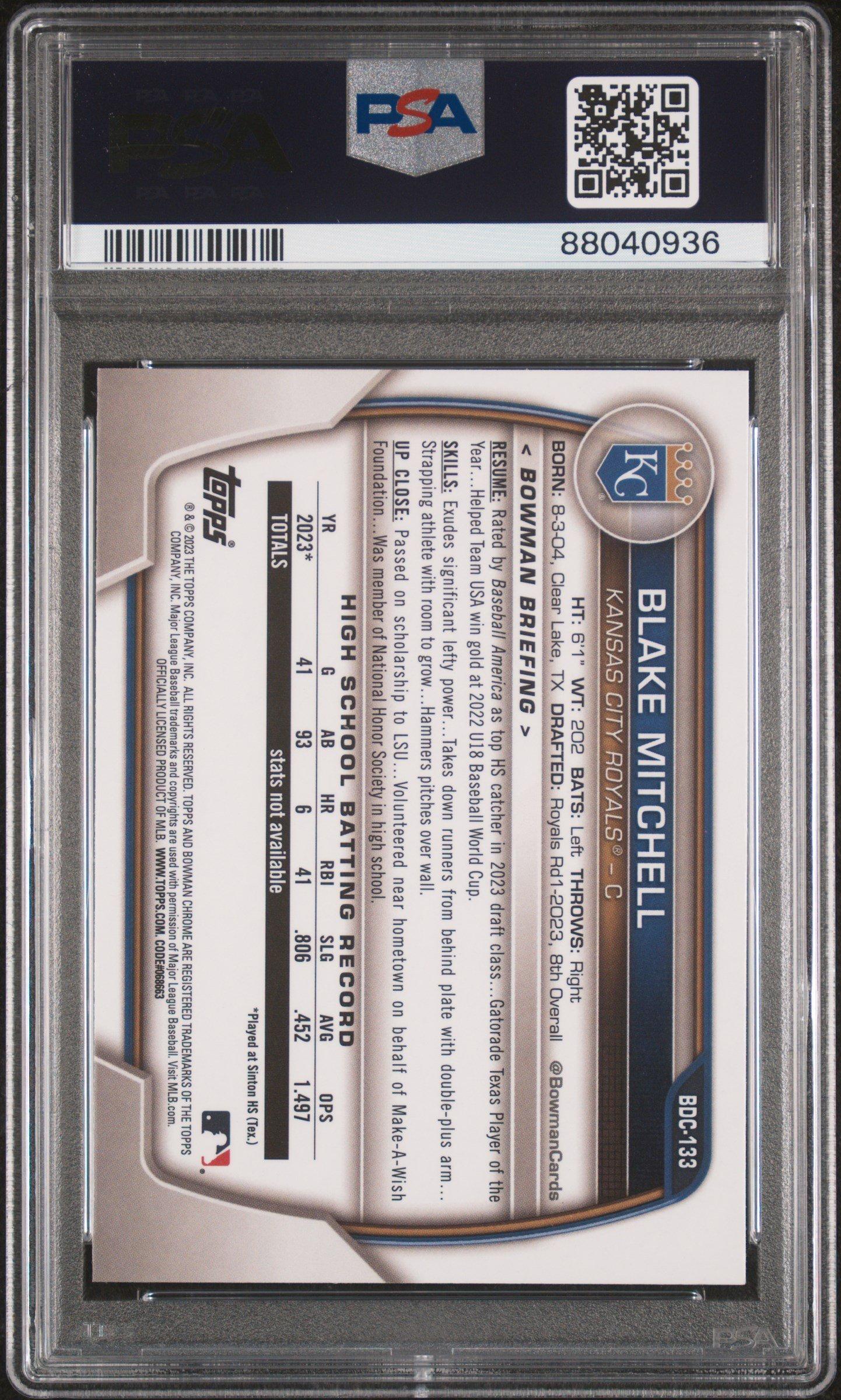 2023 Bowman Draft Bdc133 Blake Mitchell Chrome PSA 10