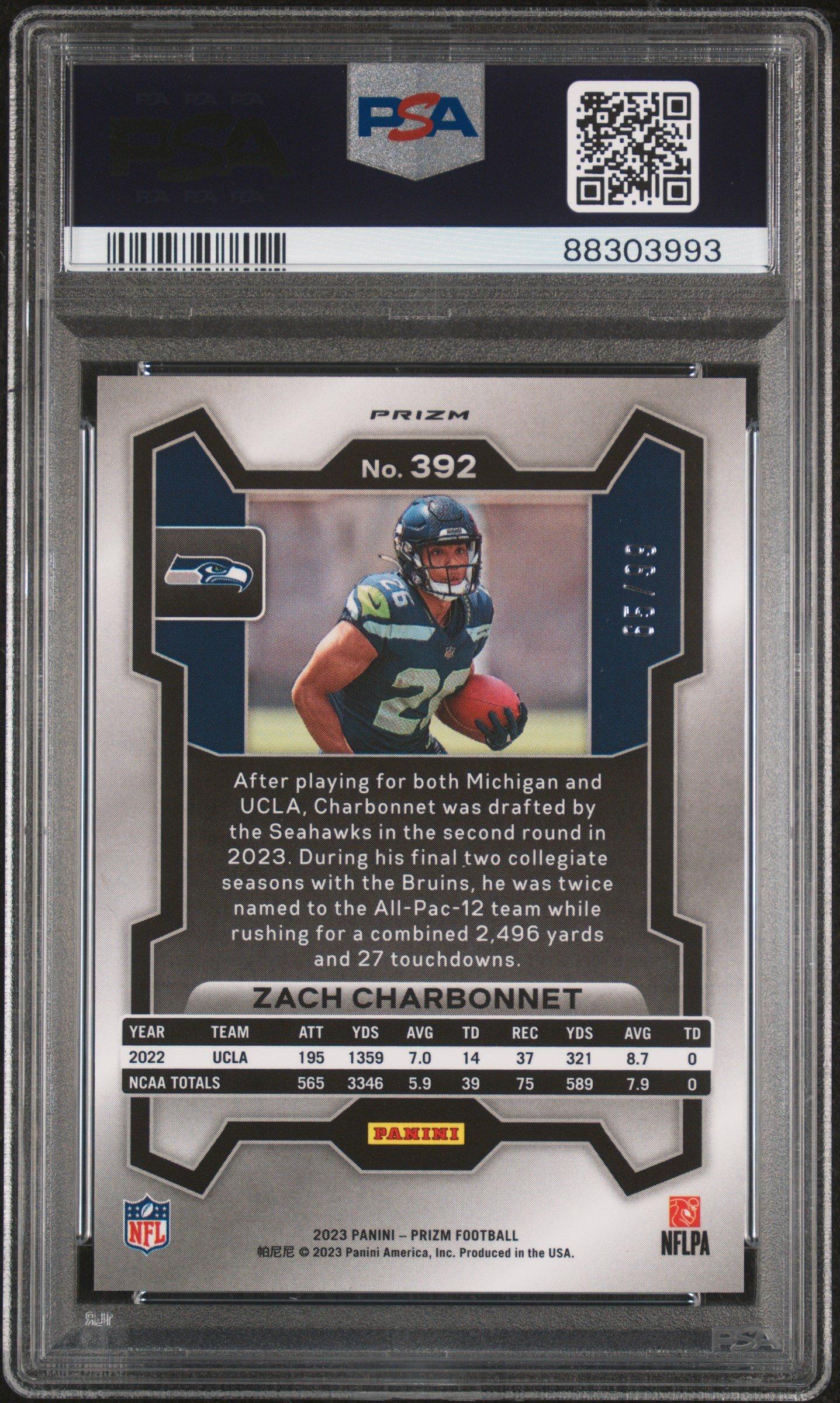 2023 Panini Prizm 392 Zach Charbonnet Blue Ice PSA 10