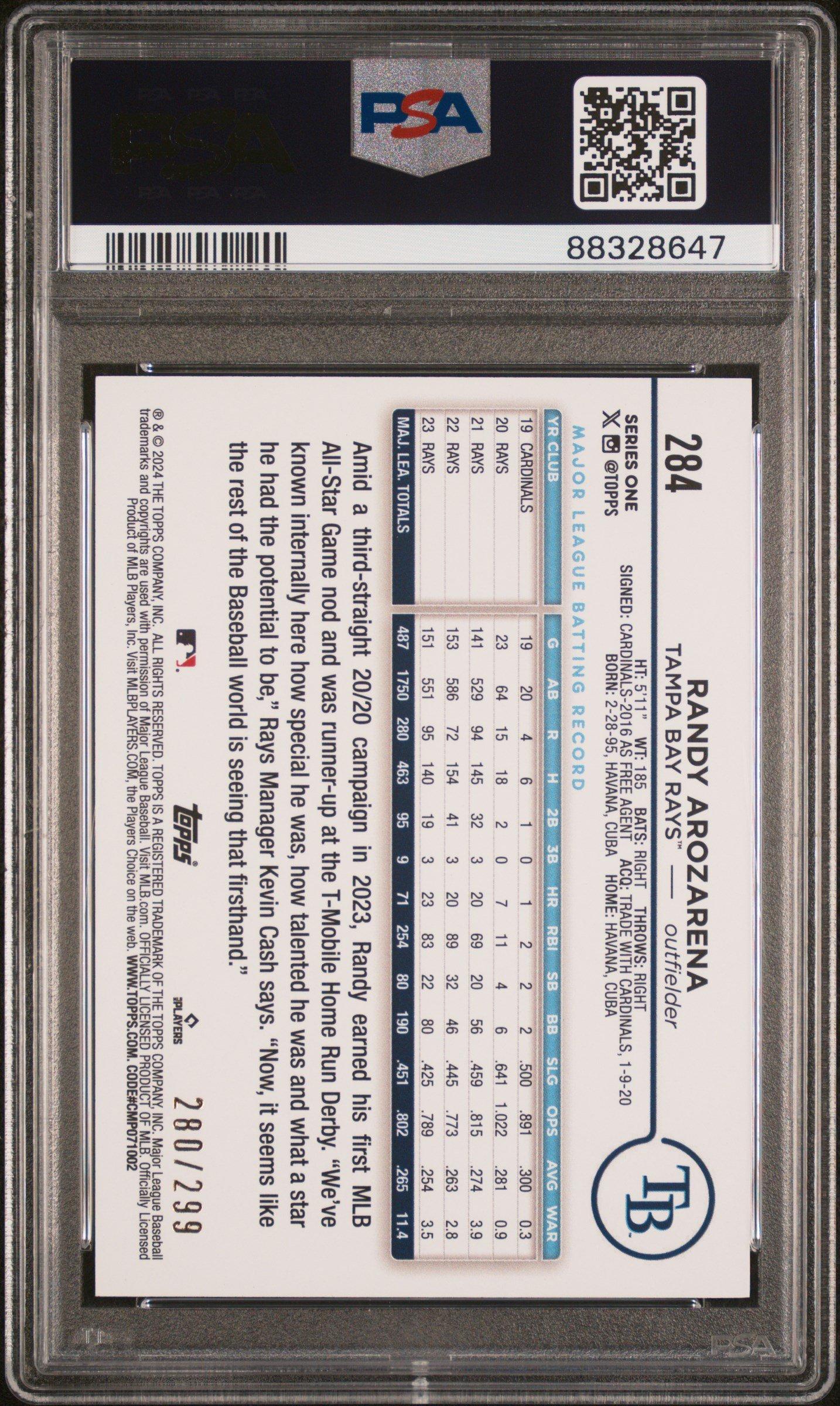 2024 Topps 284 Randy Arozarena Orange Crackle Foil Board PSA 10