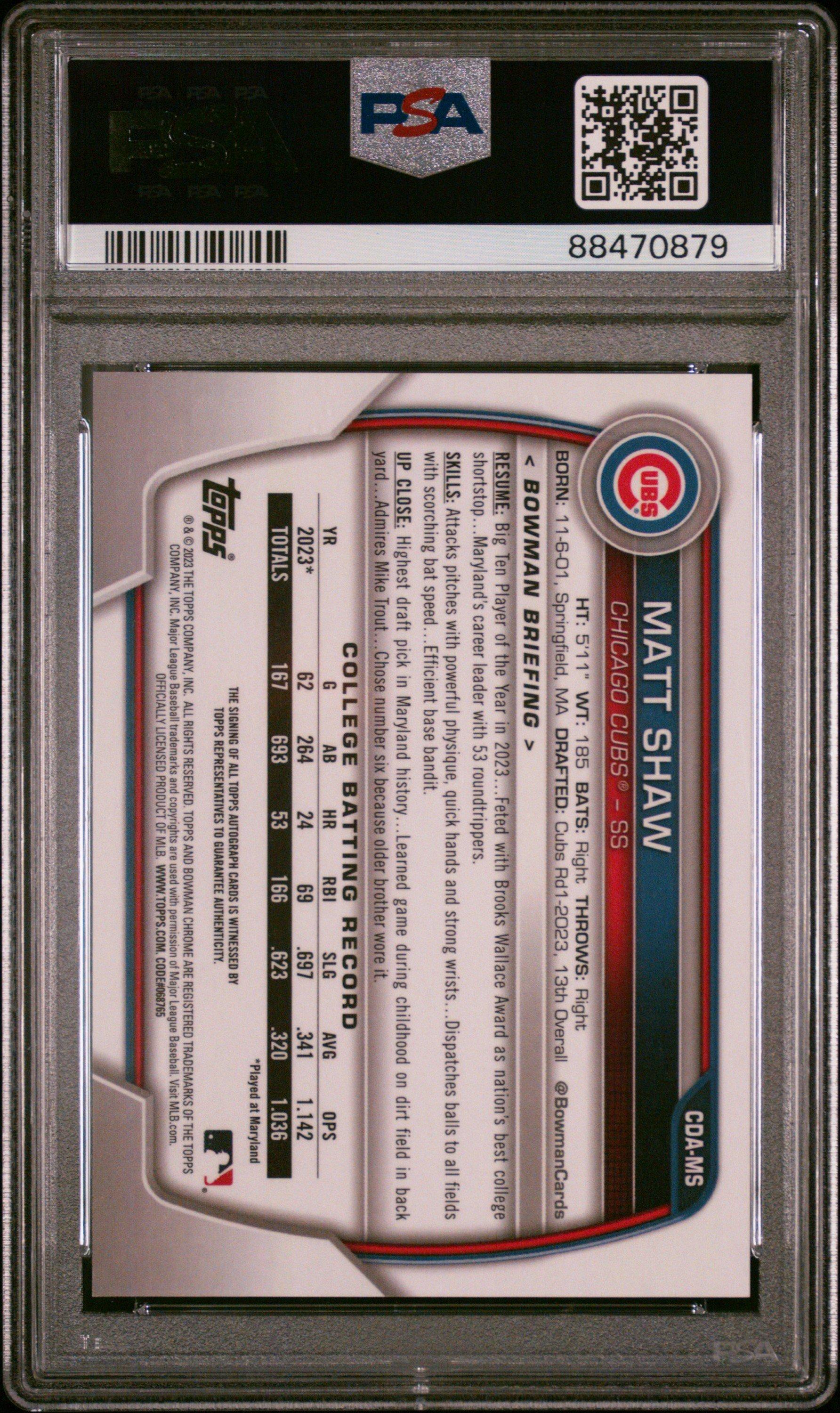 2023 Bowman Draft Chrome Prospect Autograph Cdams Matt Shaw PSA 10