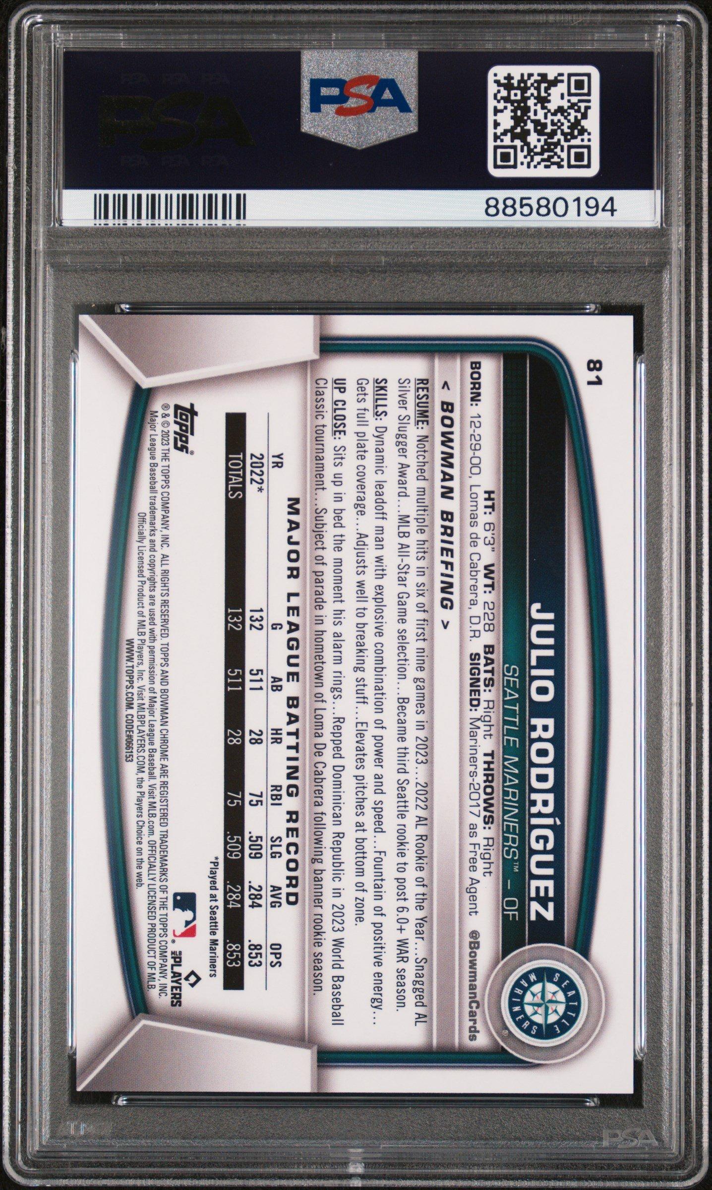 2023 Bowman Chrome Sapphire Edition 81 Julio Rodriguez Aqua PSA 10