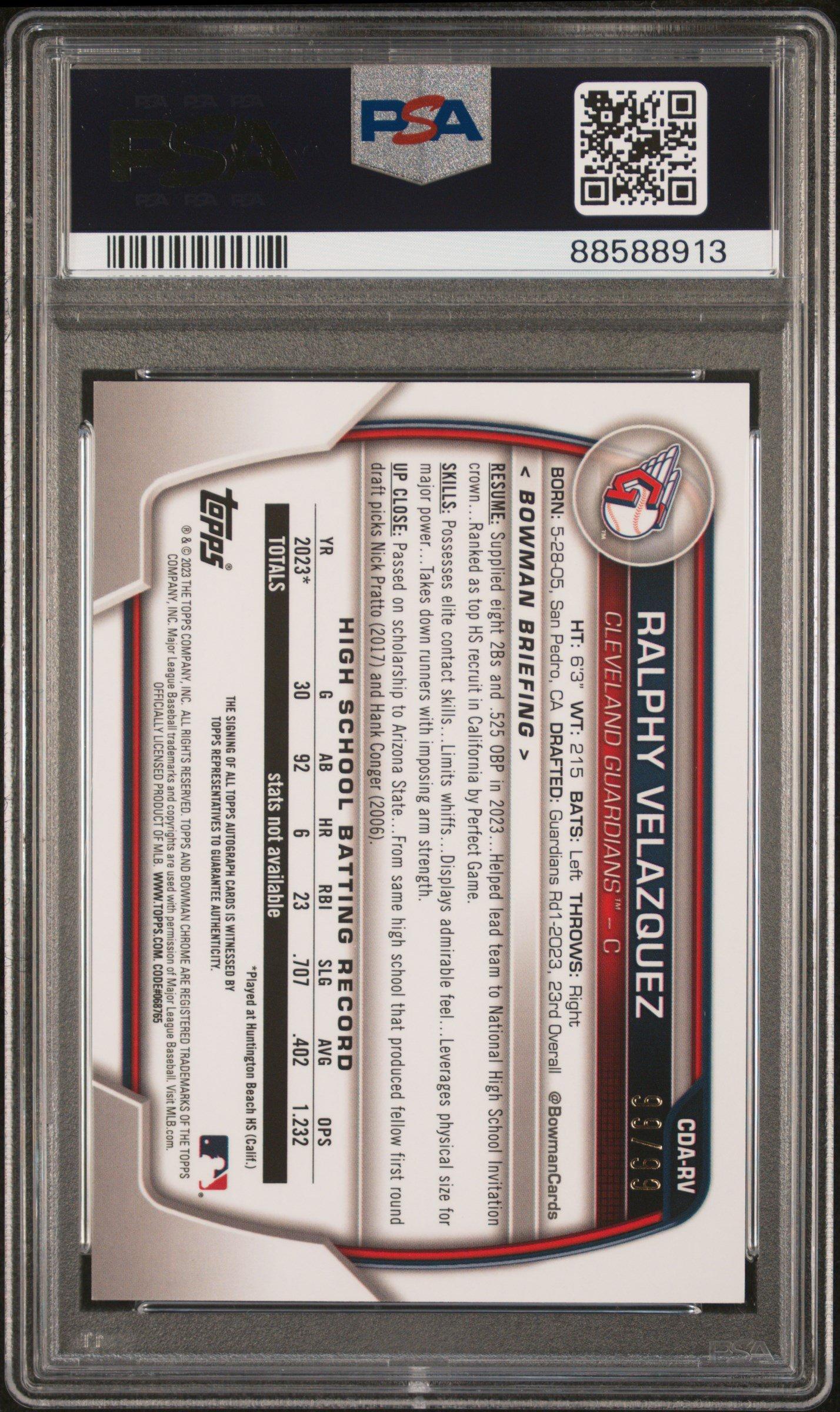 2023 Bowman Draft Chrome Prospect Autograph Cdarv Ralphy Velazquez Green Refractor PSA 9