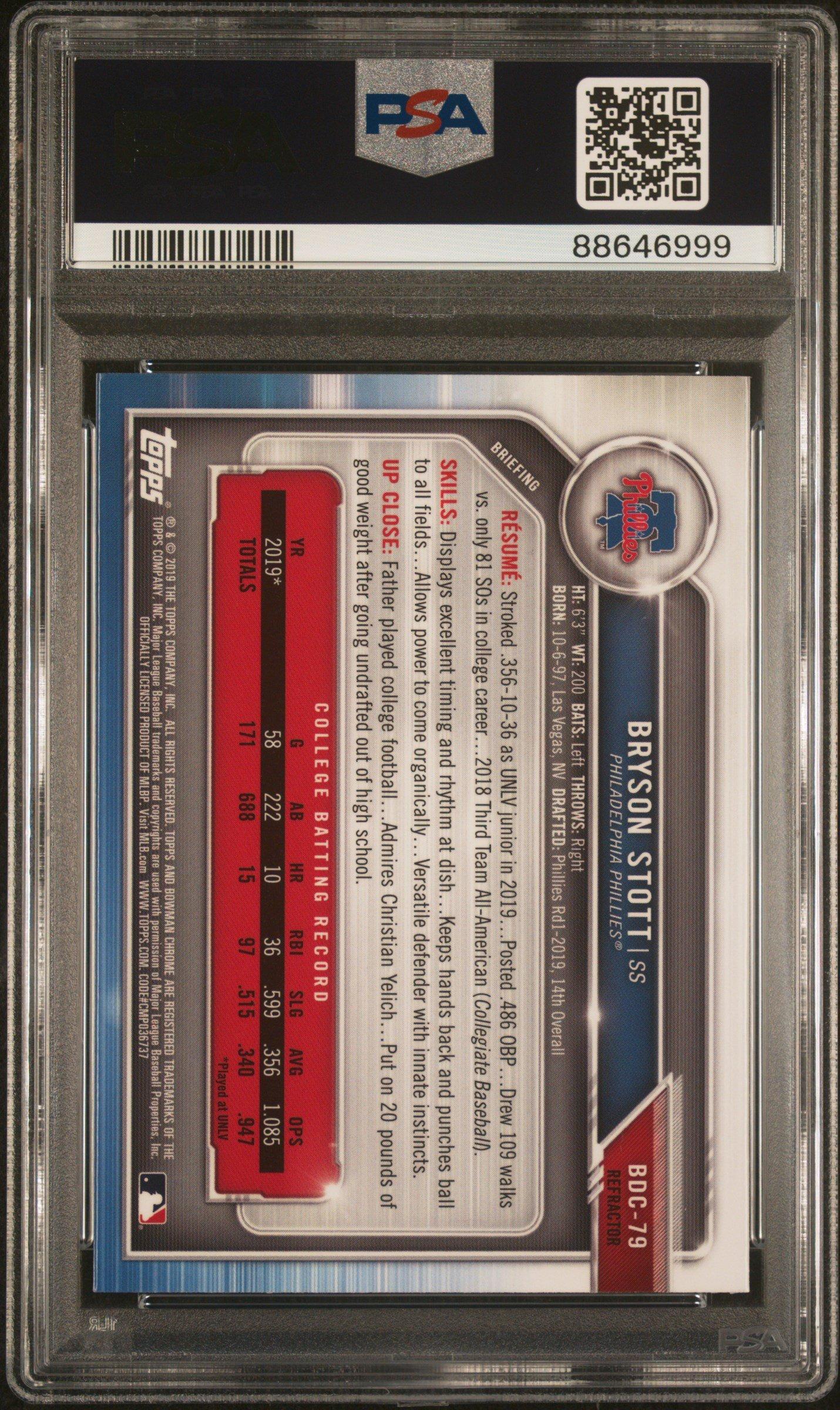 2019 Bowman Draft Bdc79 Bryson Stott Chrome-refractor PSA 10