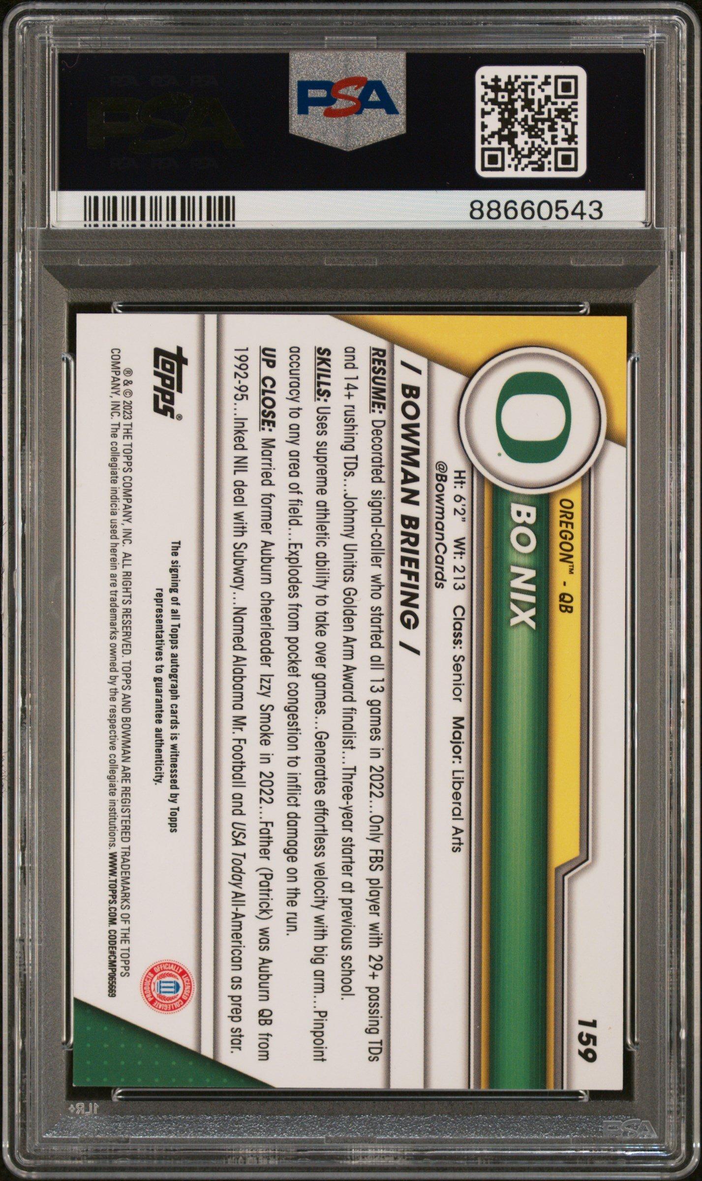 2023 Bowman University Chrome 159 Bo Nix PSA 9