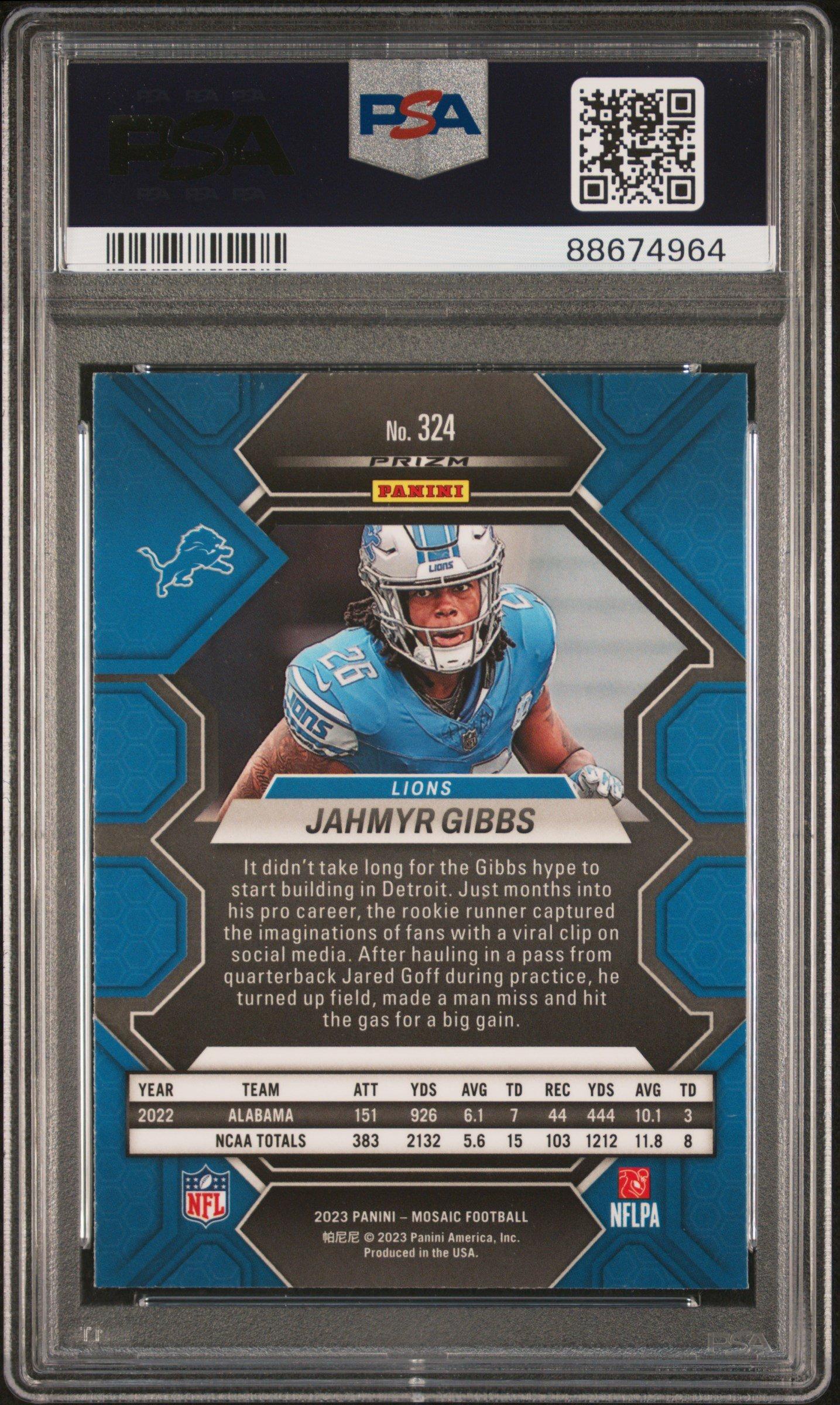 2023 Panini Mosaic 324 Jahmyr Gibbs Camo Pink PSA 10