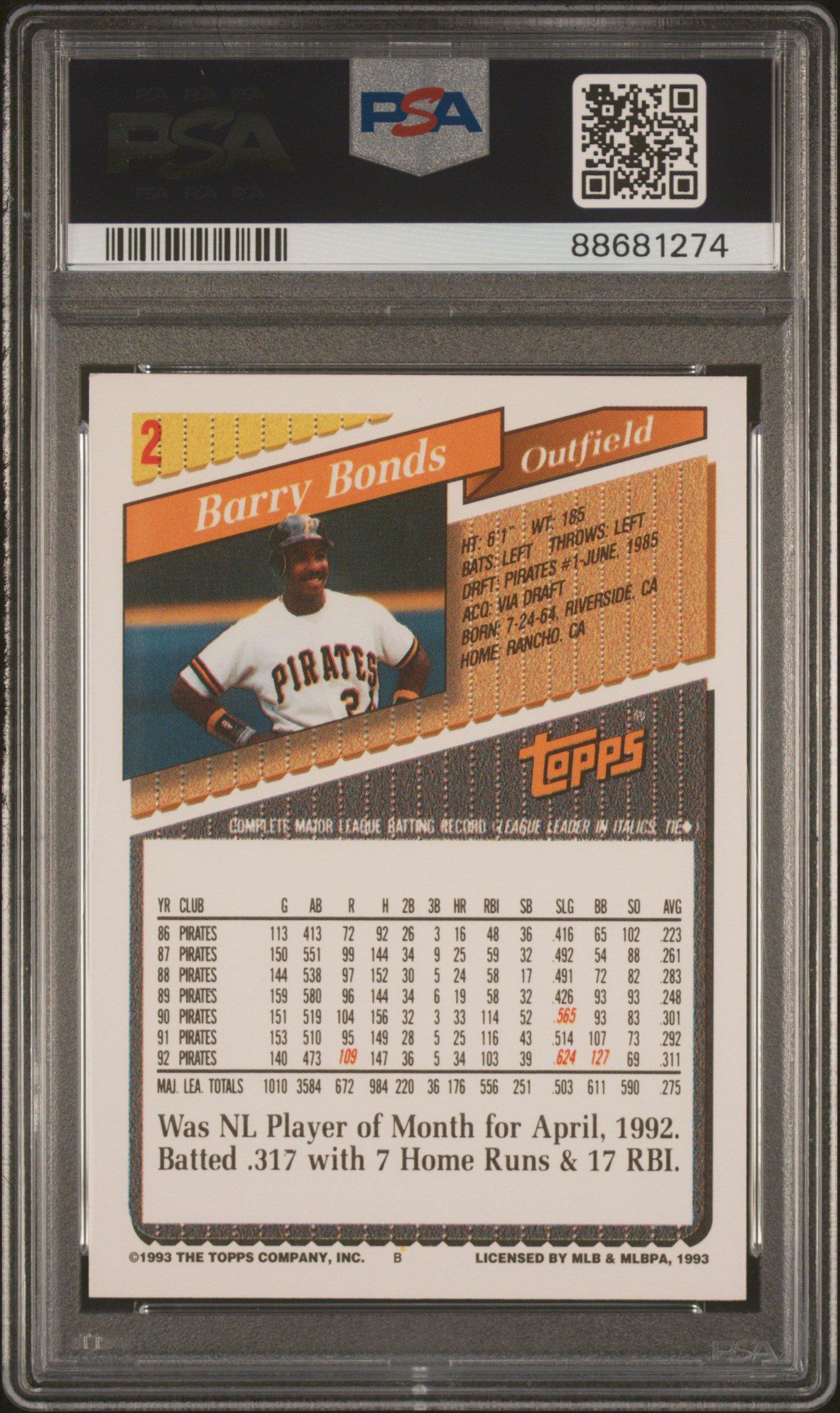1993 Topps 2 Barry Bonds PSA 10