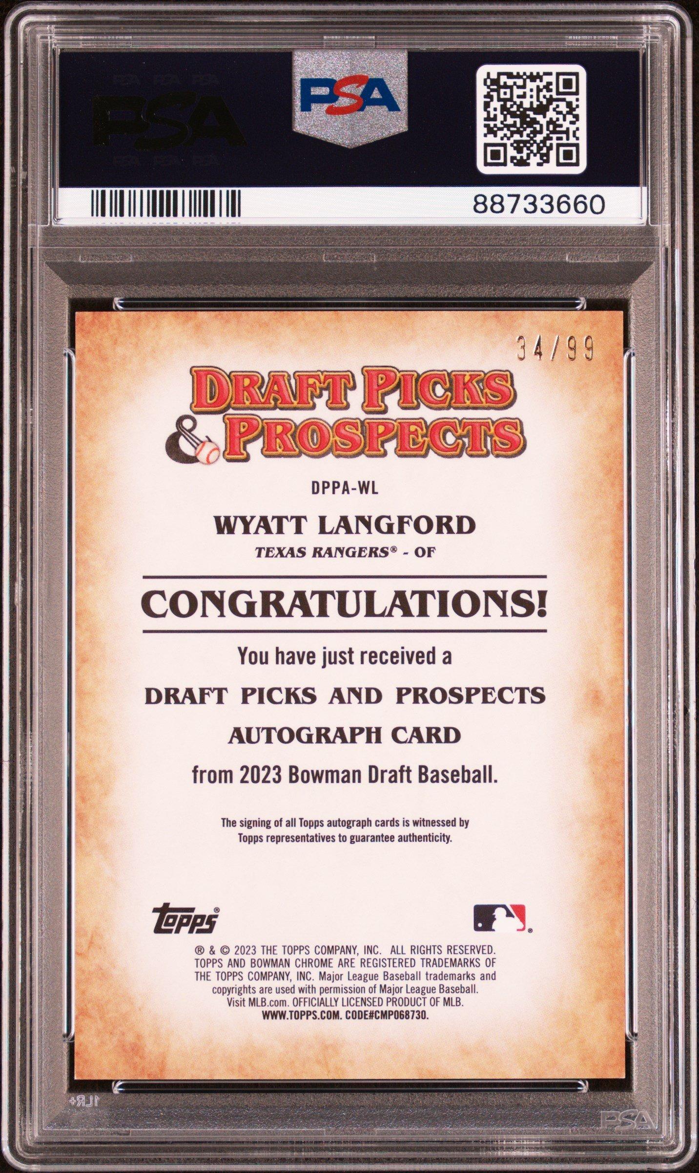 2023 Bowman Draft Draft Picks & Prospects Autograph Wl Wyatt Langford PSA 9