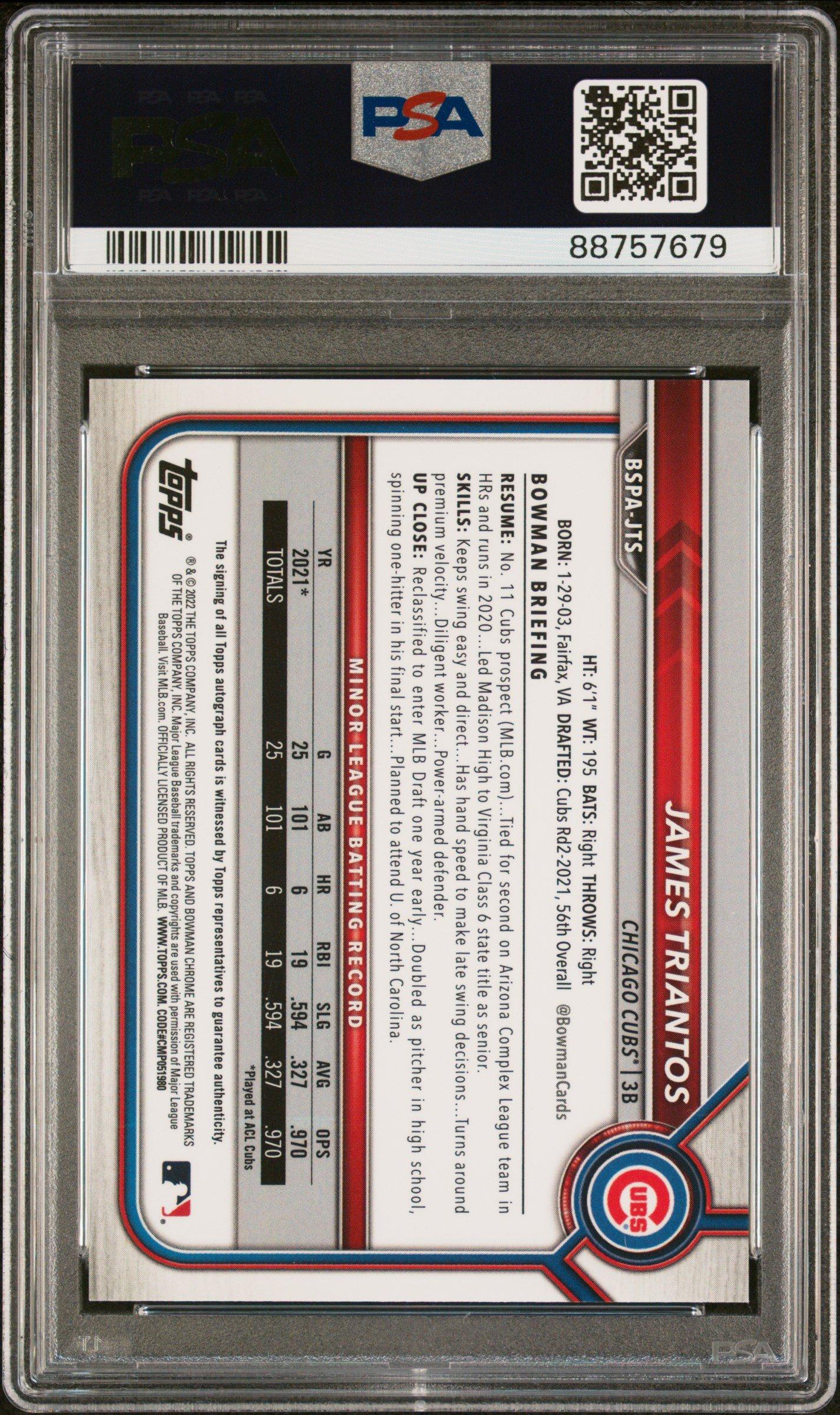 2022 Bowman Sapphire Edition Chrome Prospect Autographs Jts James Triantos PSA 9