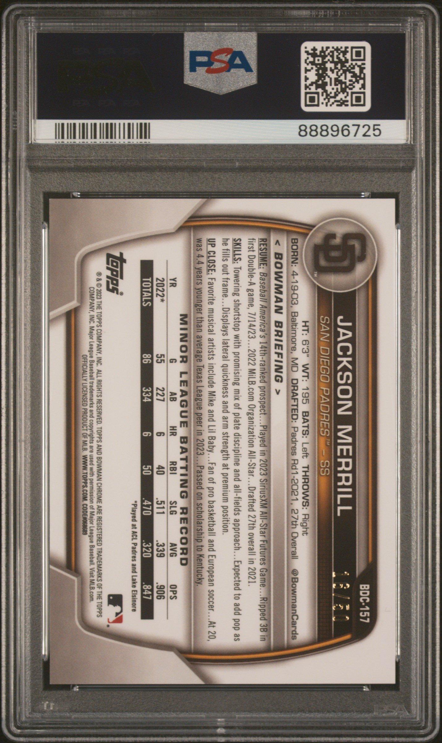 2023 Bowman Draft Sapphire Edition Bdc157 Jackson Merrill Gold PSA 10