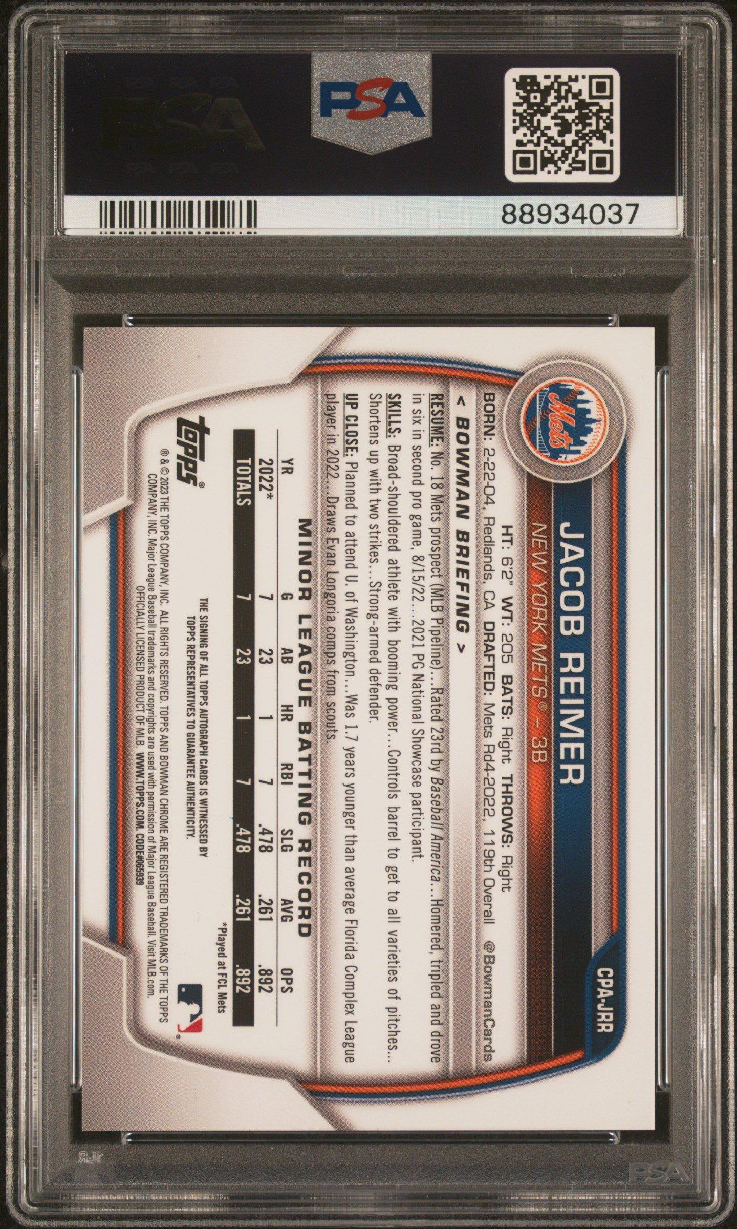 2023 Bowman Chrome Prospect Autographs Cpajrr Jacob Reimer Atomic Refractor PSA 10