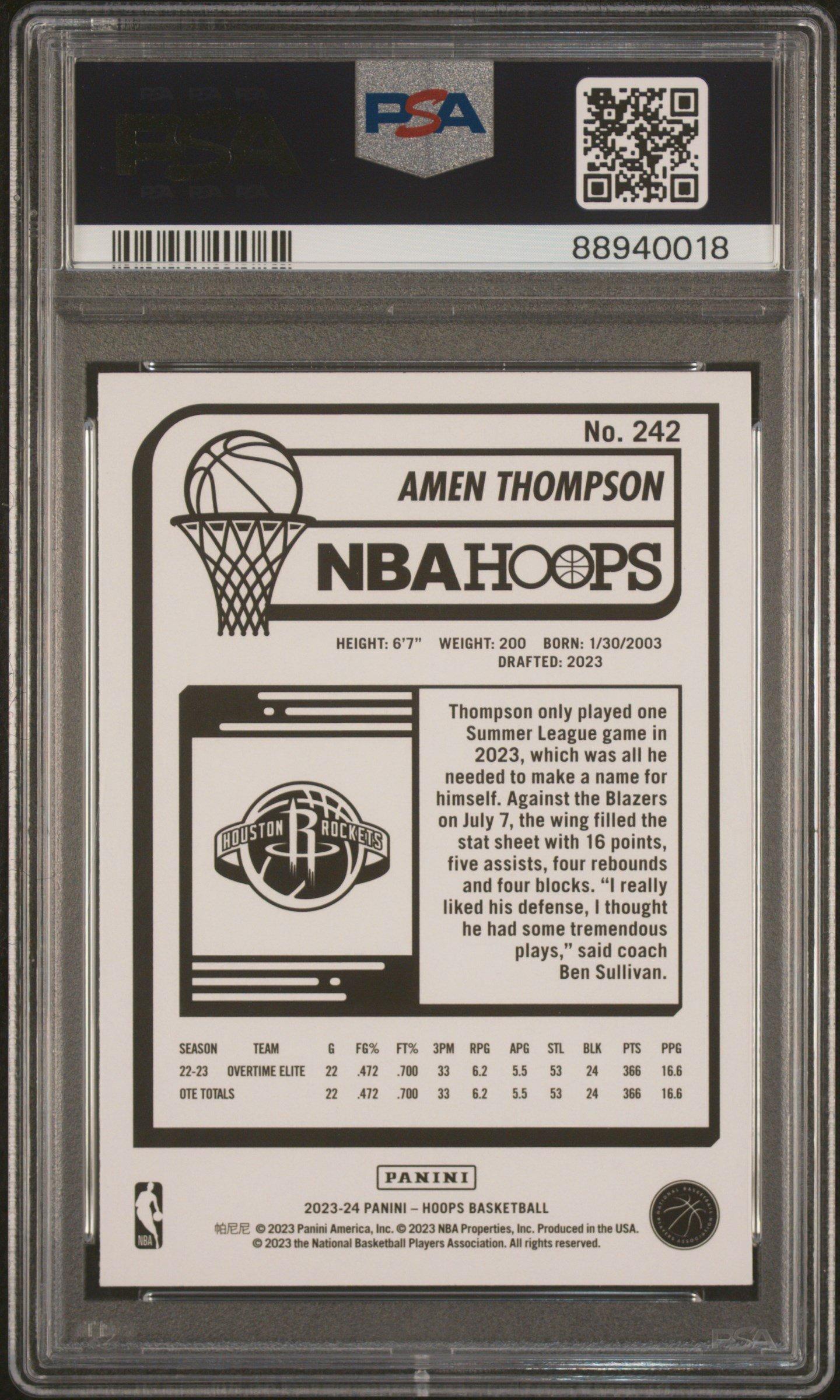 2023 Panini Nba Hoops 242 Amen Thompson PSA 10
