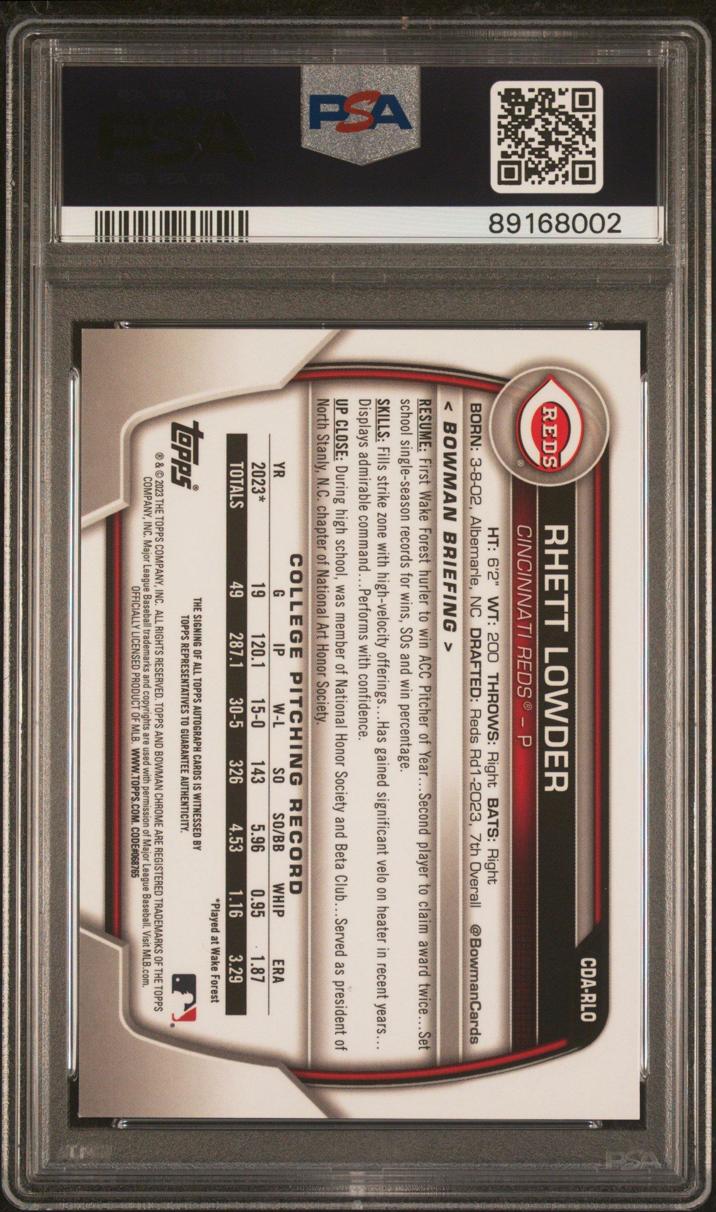 2023 Bowman Draft Chrome Prospect Autograph Cdarlo Rhett Lowder PSA 10