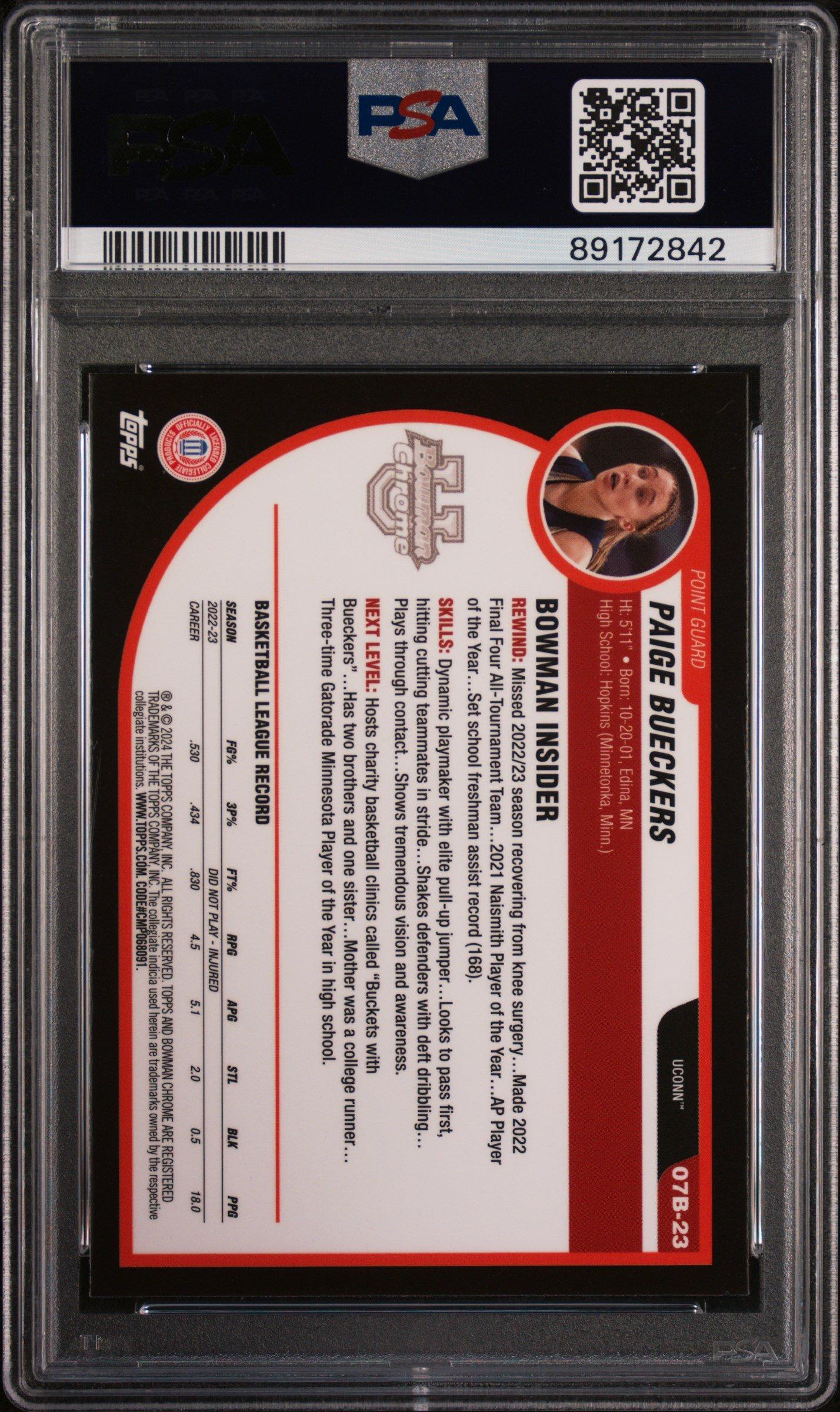2023 Bowman University Chrome 2007-08 Bowman 07b23 Paige Bueckers PSA 10