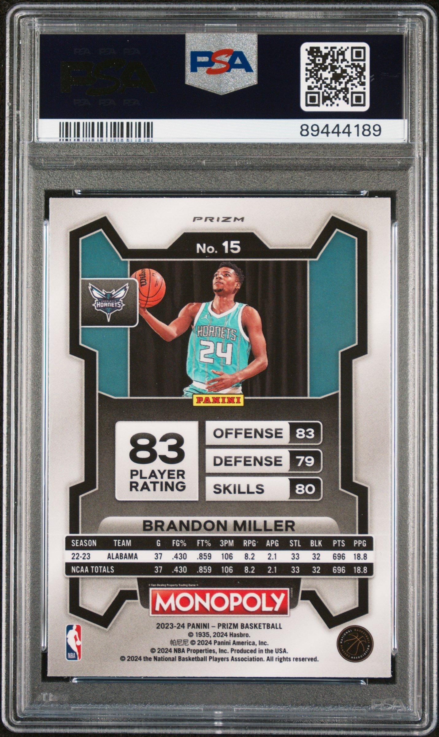 2023 Panini Prizm Monopoly 15 Brandon Miller Silver PSA 10