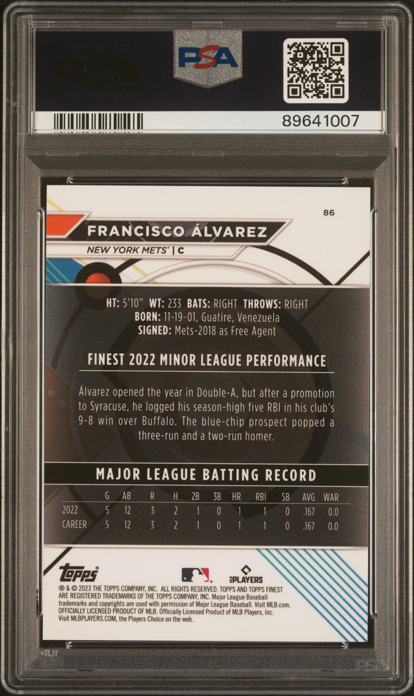 2023 Topps Finest 86 Francisco Alvarez Sky Blue PSA 10