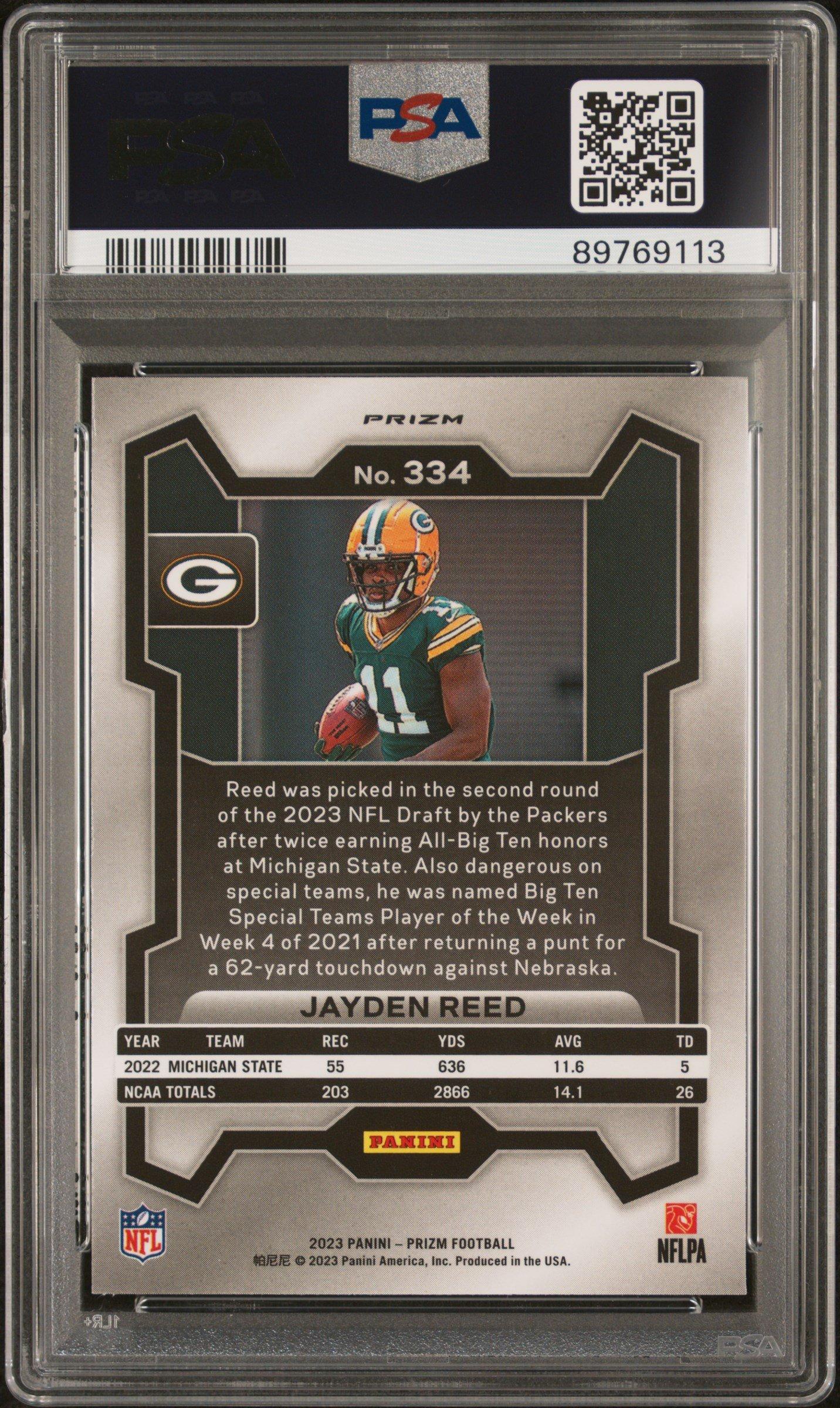 2023 Panini Prizm 334 Jayden Reed Neon Green Pulsar PSA 10