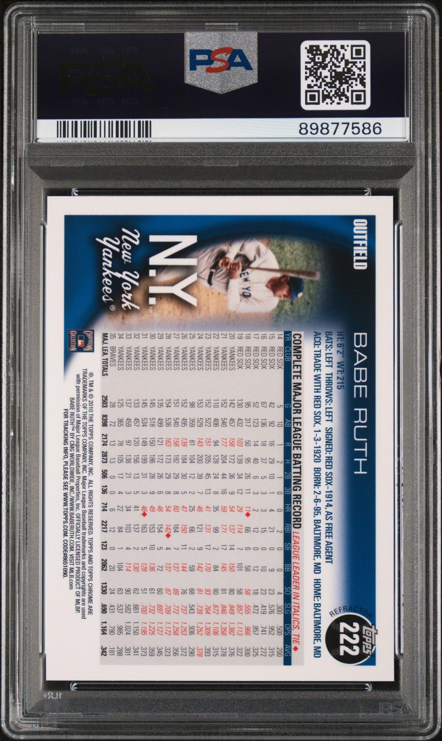 2010 Topps Chrome Wrapper Redemption 222 Babe Ruth PSA 10