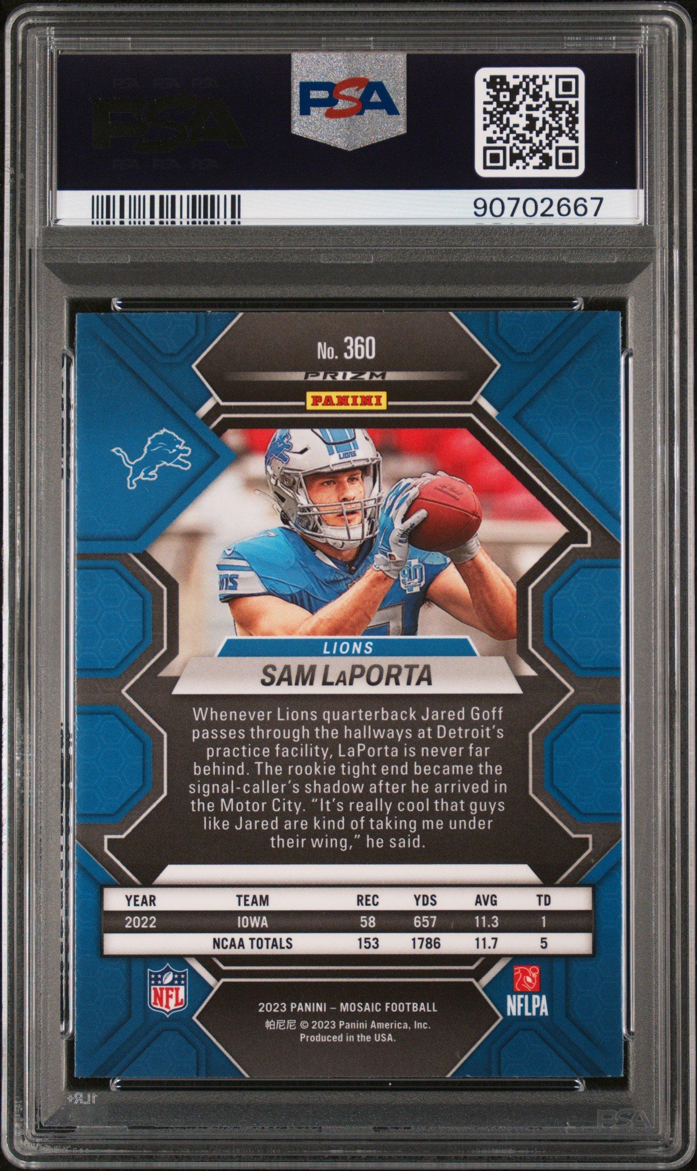 2023 Panini Mosaic 360 Sam Laporta Camo Red PSA 10