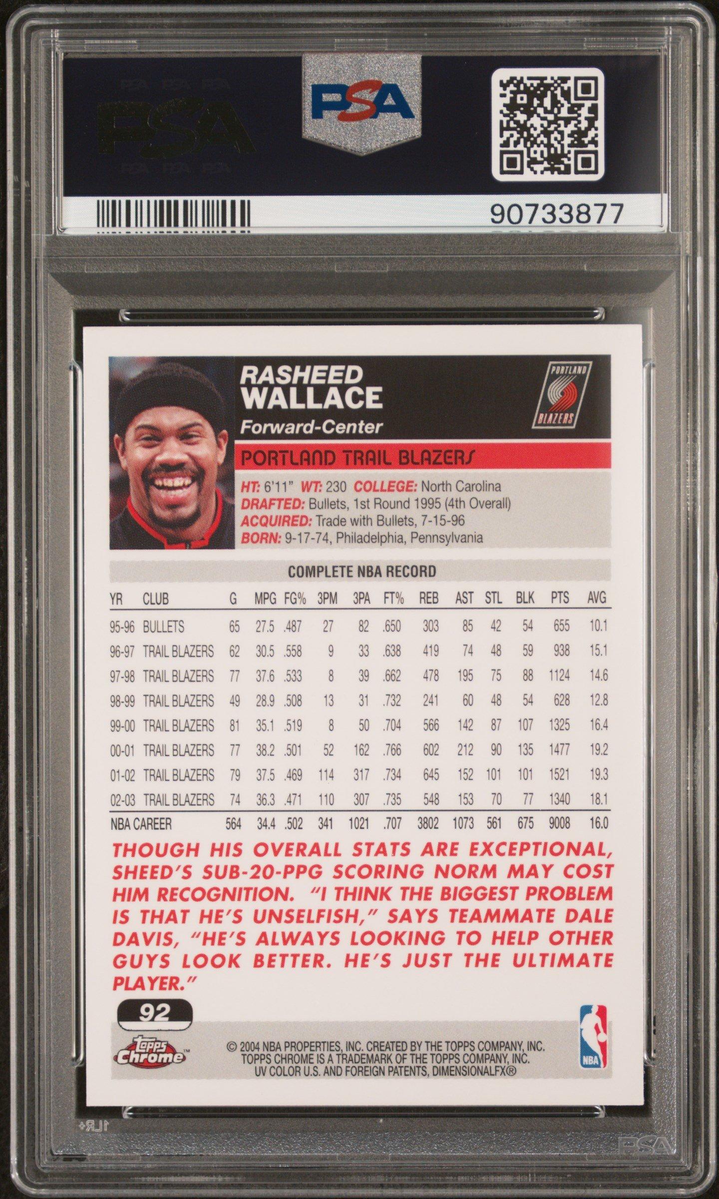 2003 Topps Chrome 92 Rasheed Wallace PSA 10