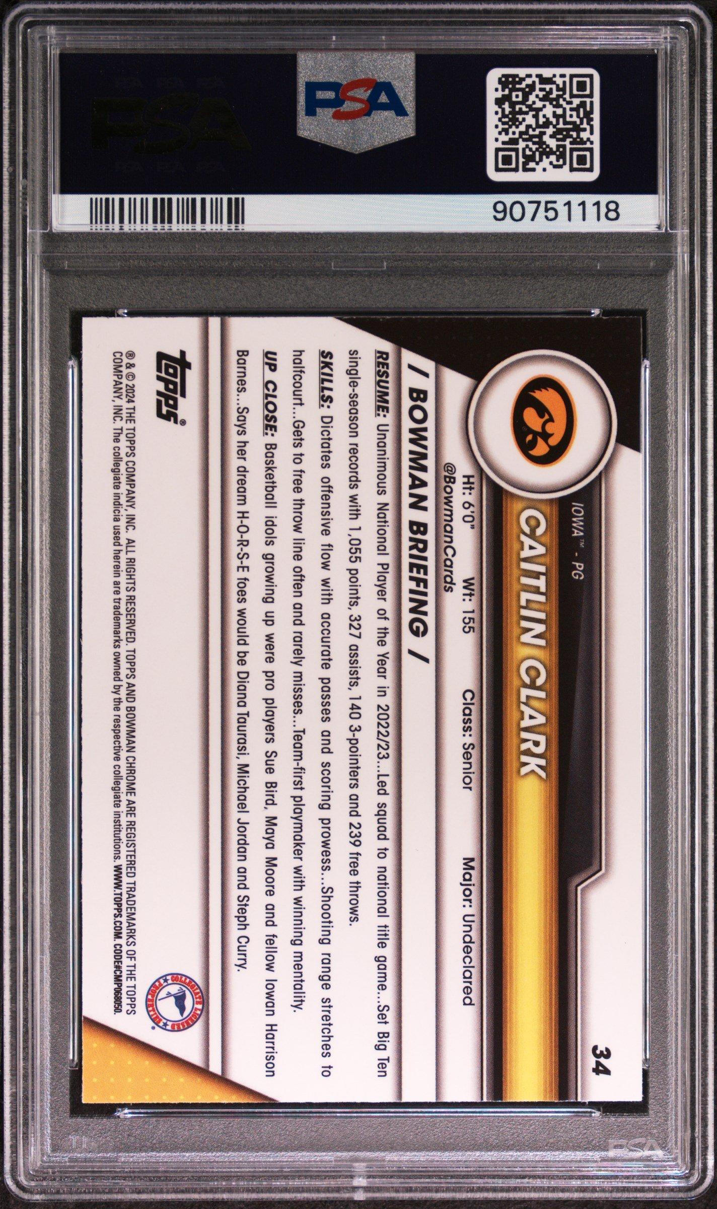 2023 Bowman University Chrome Sapphire 34 Caitlin Clark PSA 10