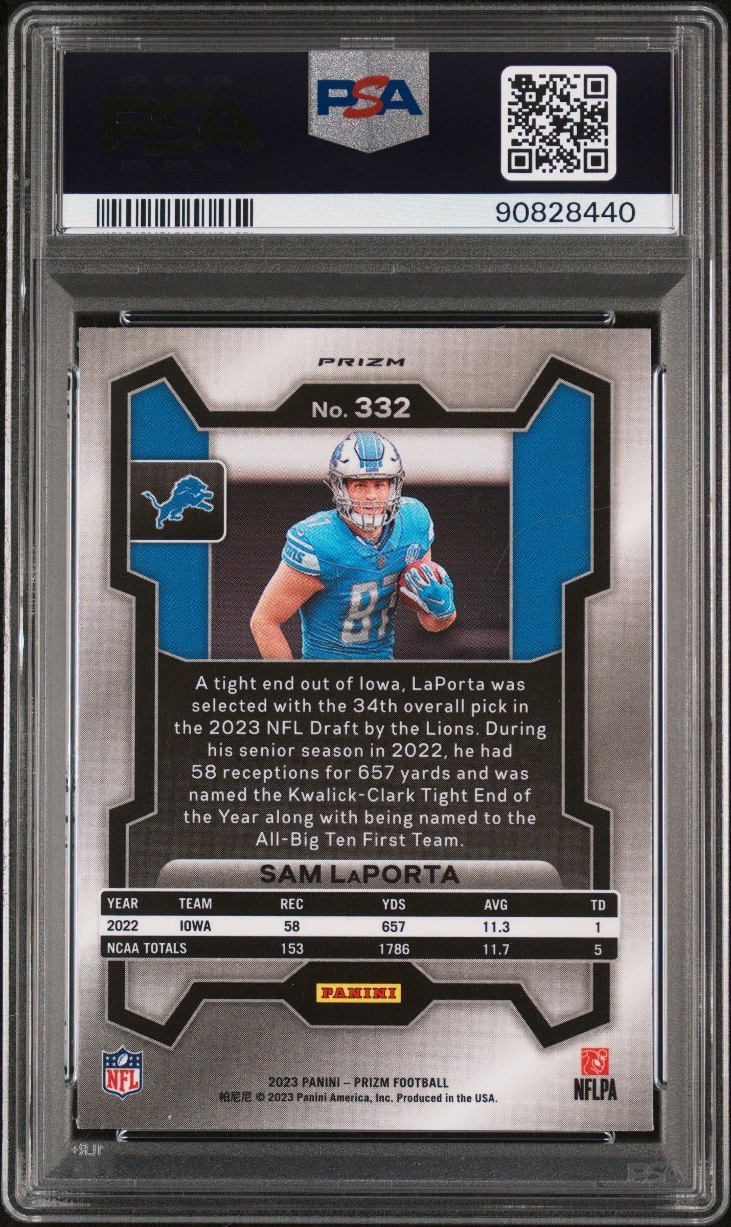 2023 Panini Prizm 332 Sam Laporta Silver Prizm PSA 9