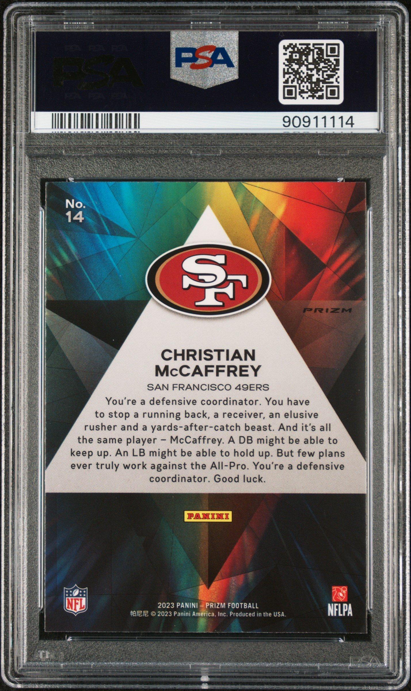 2023 Panini Prizm Prizmatic 14 Christian Mccaffrey No Huddle PSA 10