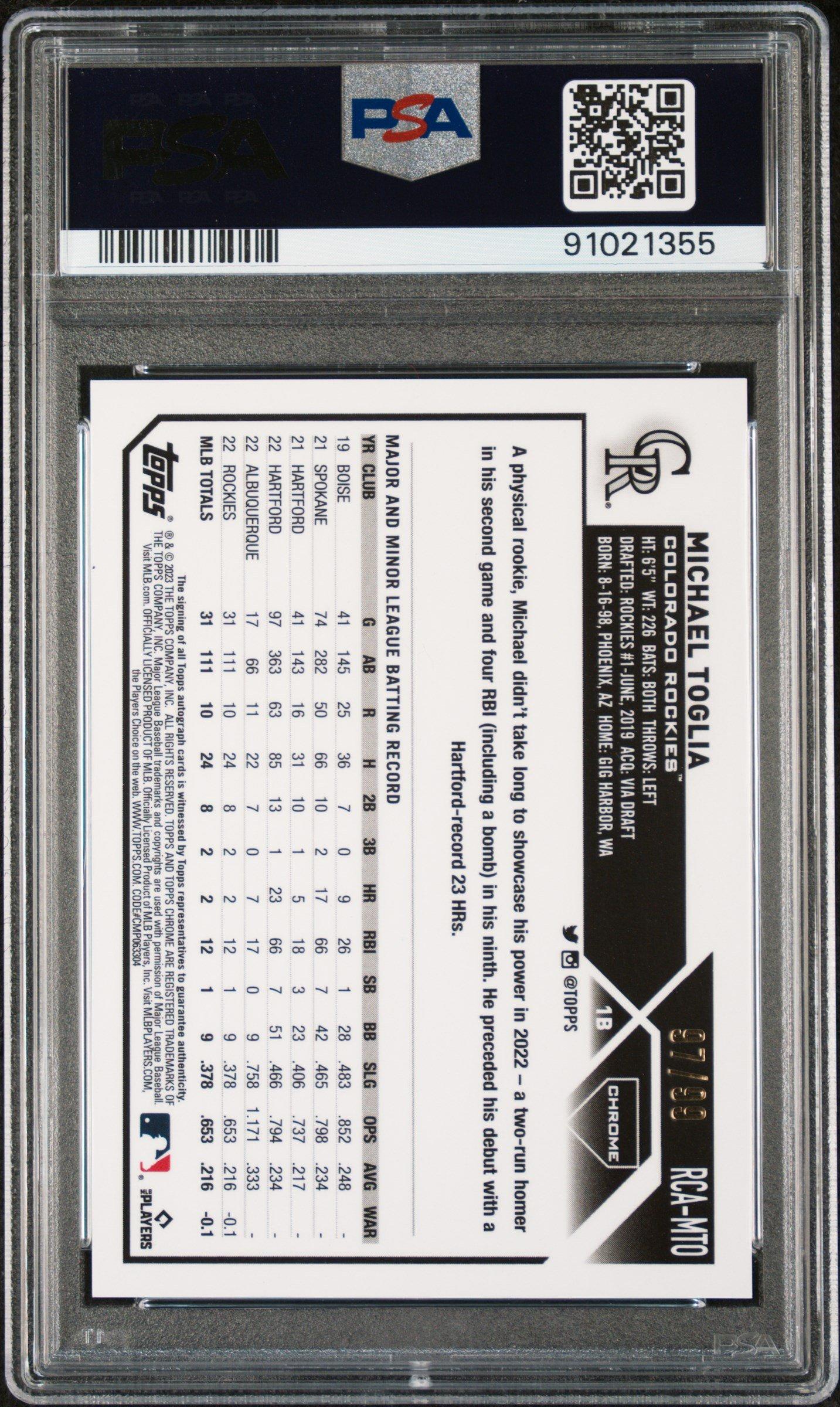 2023 Topps Chrome Logofractor Edition Refractor Chrome Autograph Rcamto Michael Toglia Green Refractor PSA 10