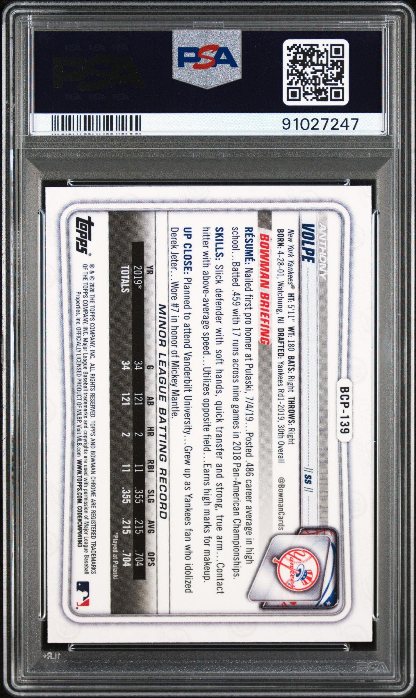 2020 Bowman Chrome Sapphire Edition Bcp139 Anthony Volpe PSA 10