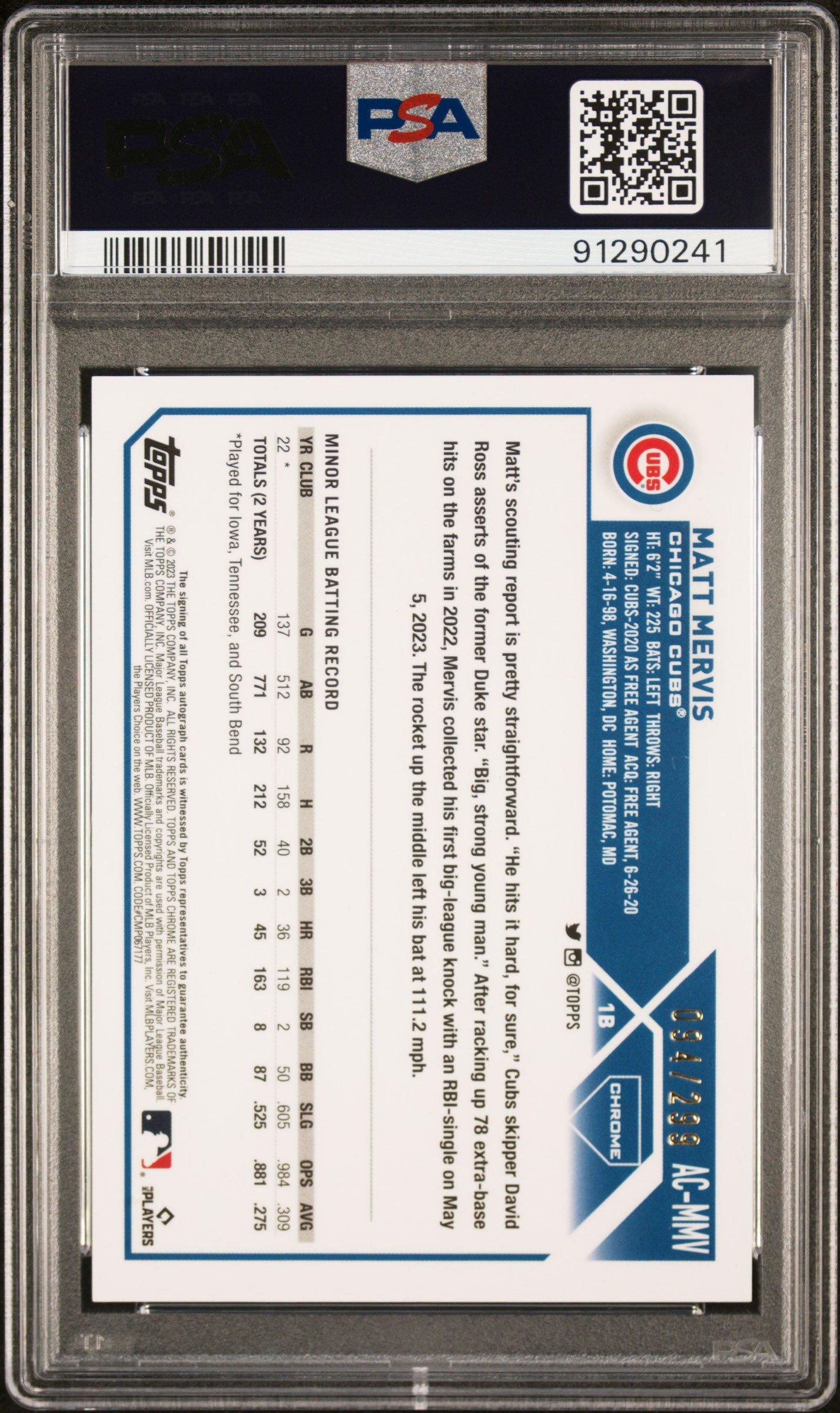 2023 Topps Chrome Update Autograph Acmmv Matt Mervis Purple Speckle Refractor PSA 10