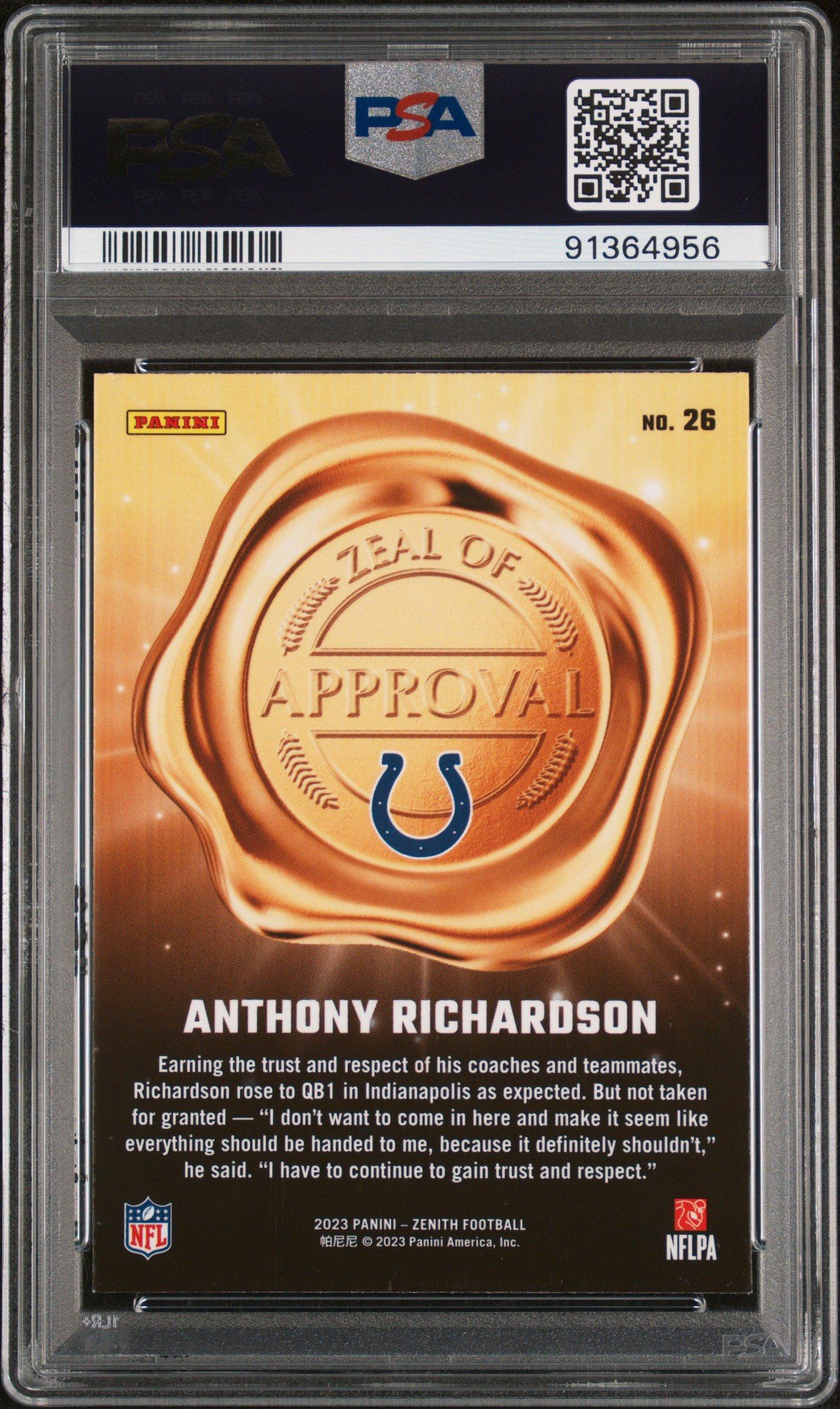 2023 Panini Zenith Zeal Of Approval 26 Anthony Richardson Blue PSA