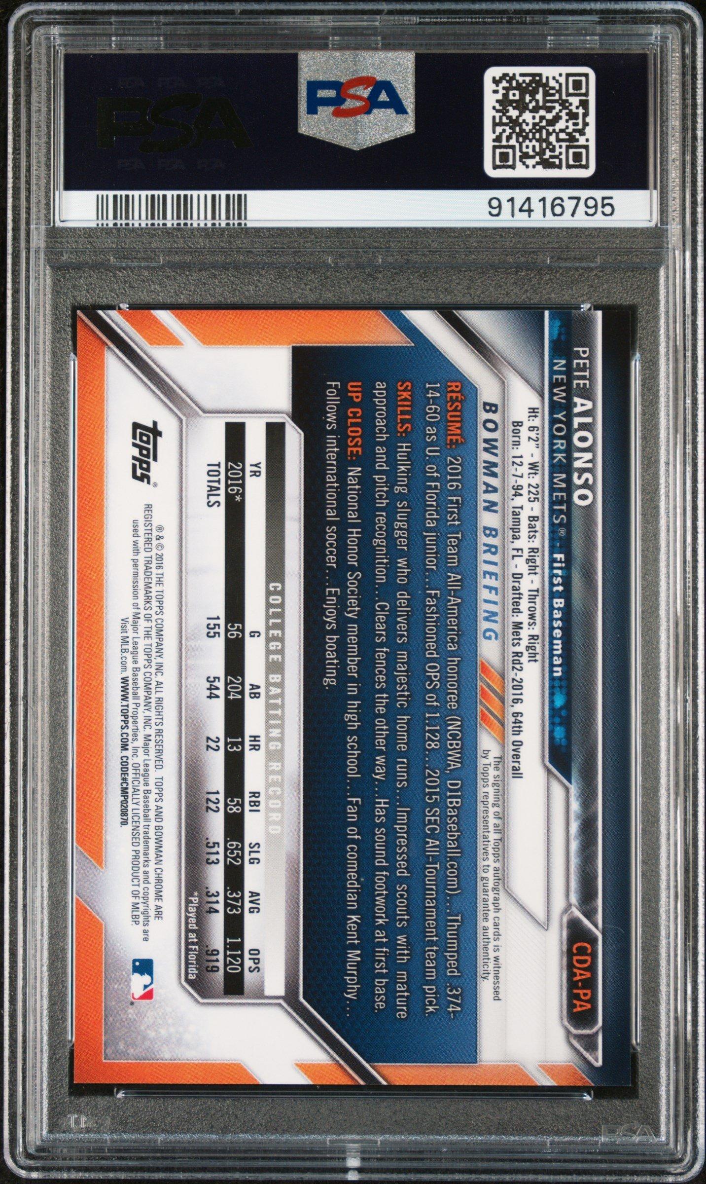 2016 Bowman Draft Chrome Draft Picks Autographs Cdapa Pete Alonso PSA 9