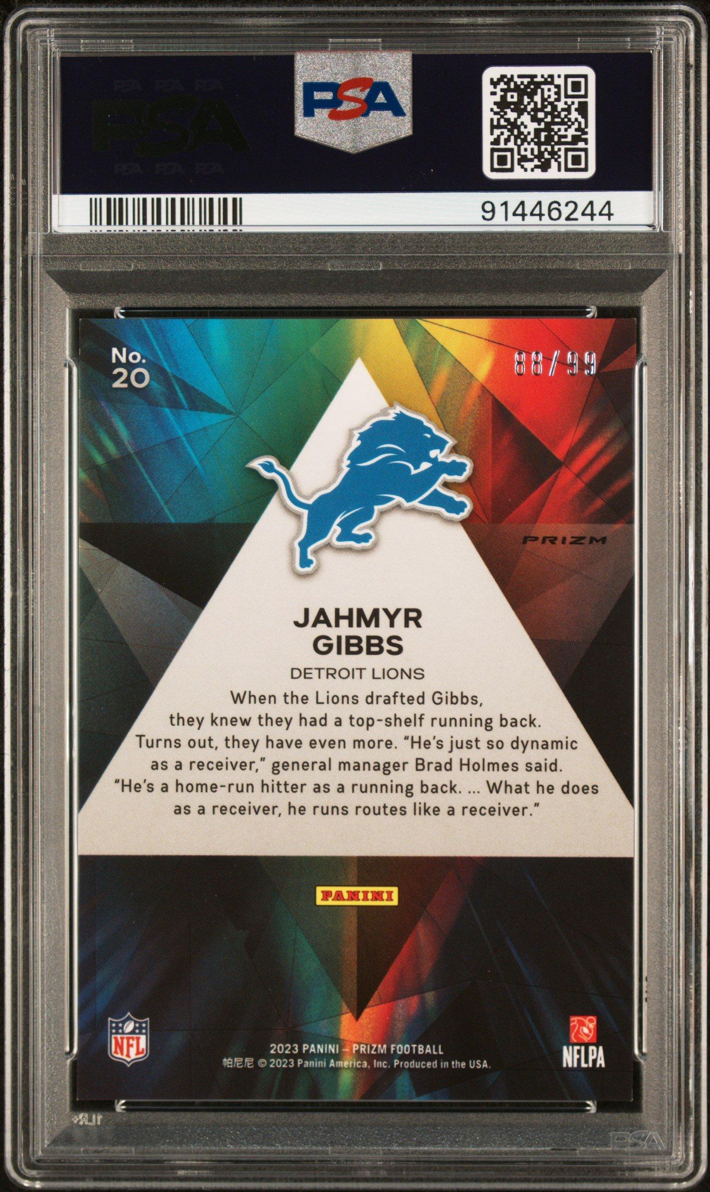 2023 Panini Prizm Prizmatic 20 Jahmyr Gibbs Blue Ice PSA 9