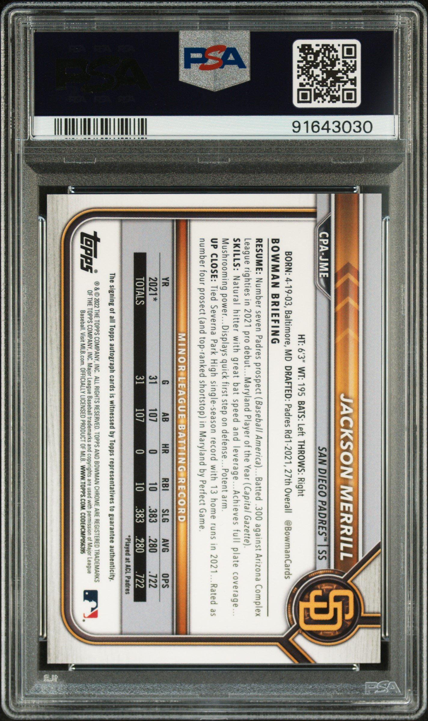 2022 Bowman Chrome Prospect Autographs Cpajme Jackson Merrill Speckle Refractor PSA 9