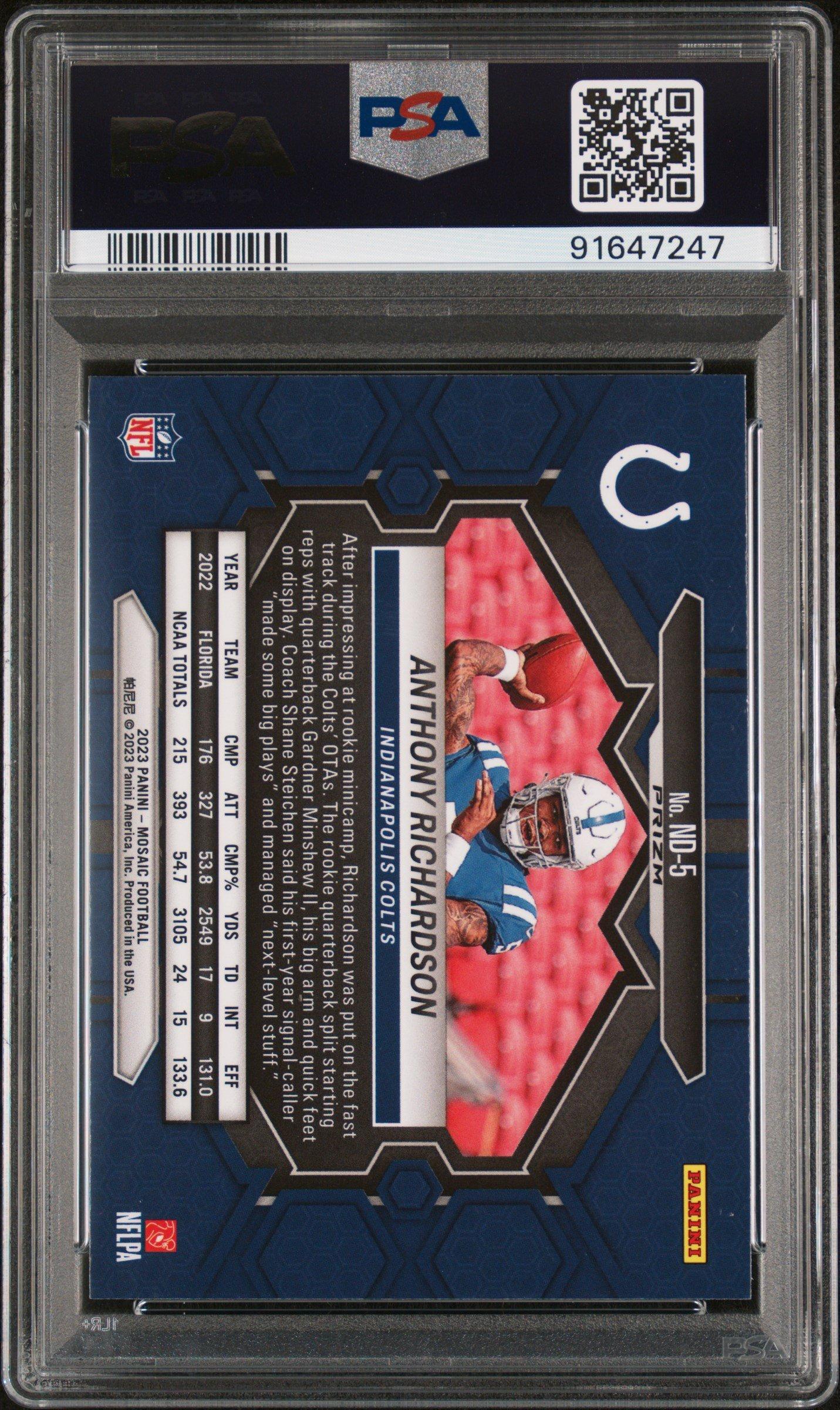 2023 Panini Mosaic Nfl Debut Nd5 Anthony Richardson Reactive Yellow PSA 9