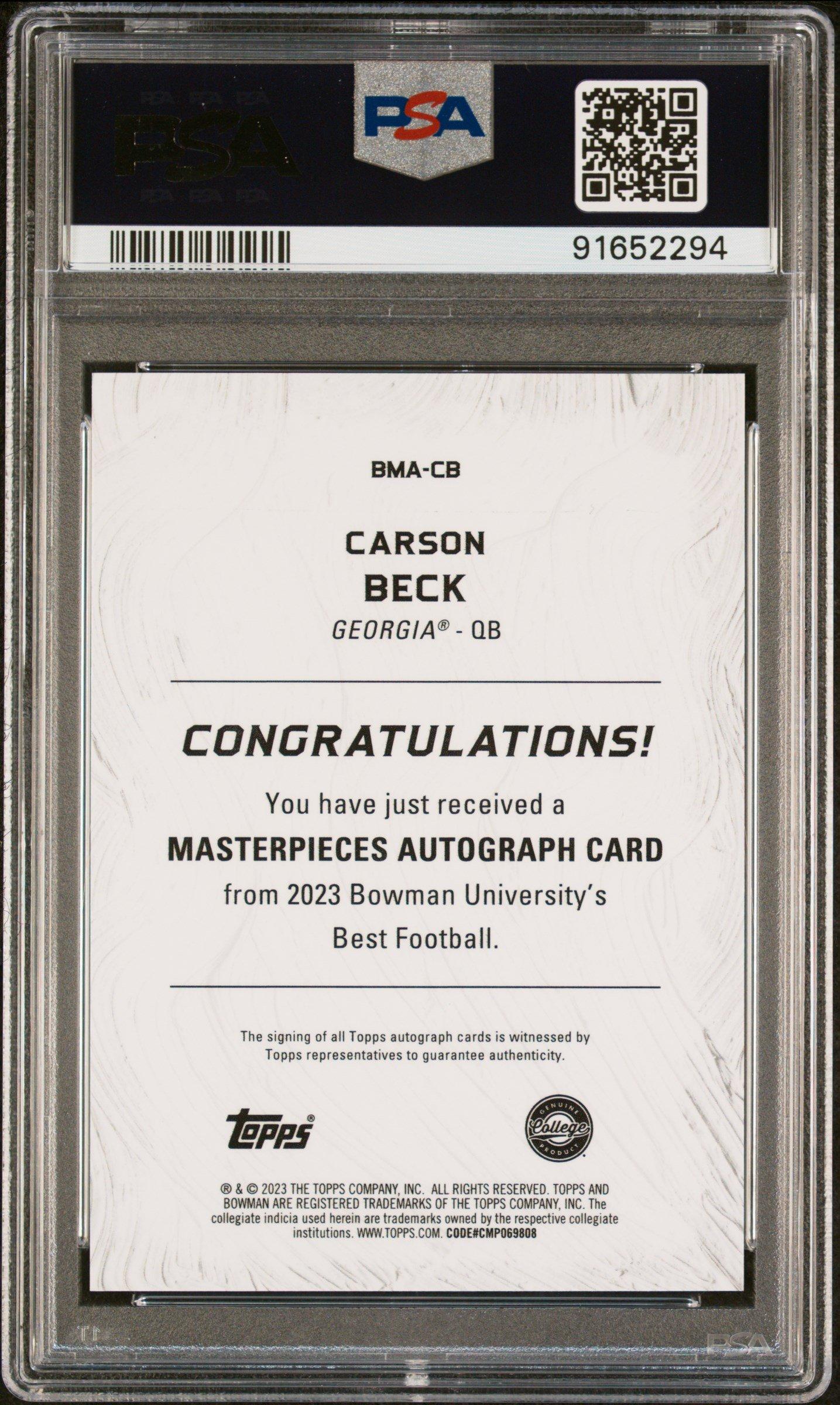2023 Bowman University Best Bowman Masterpieces Autographs Bmacb Carson Beck PSA 10