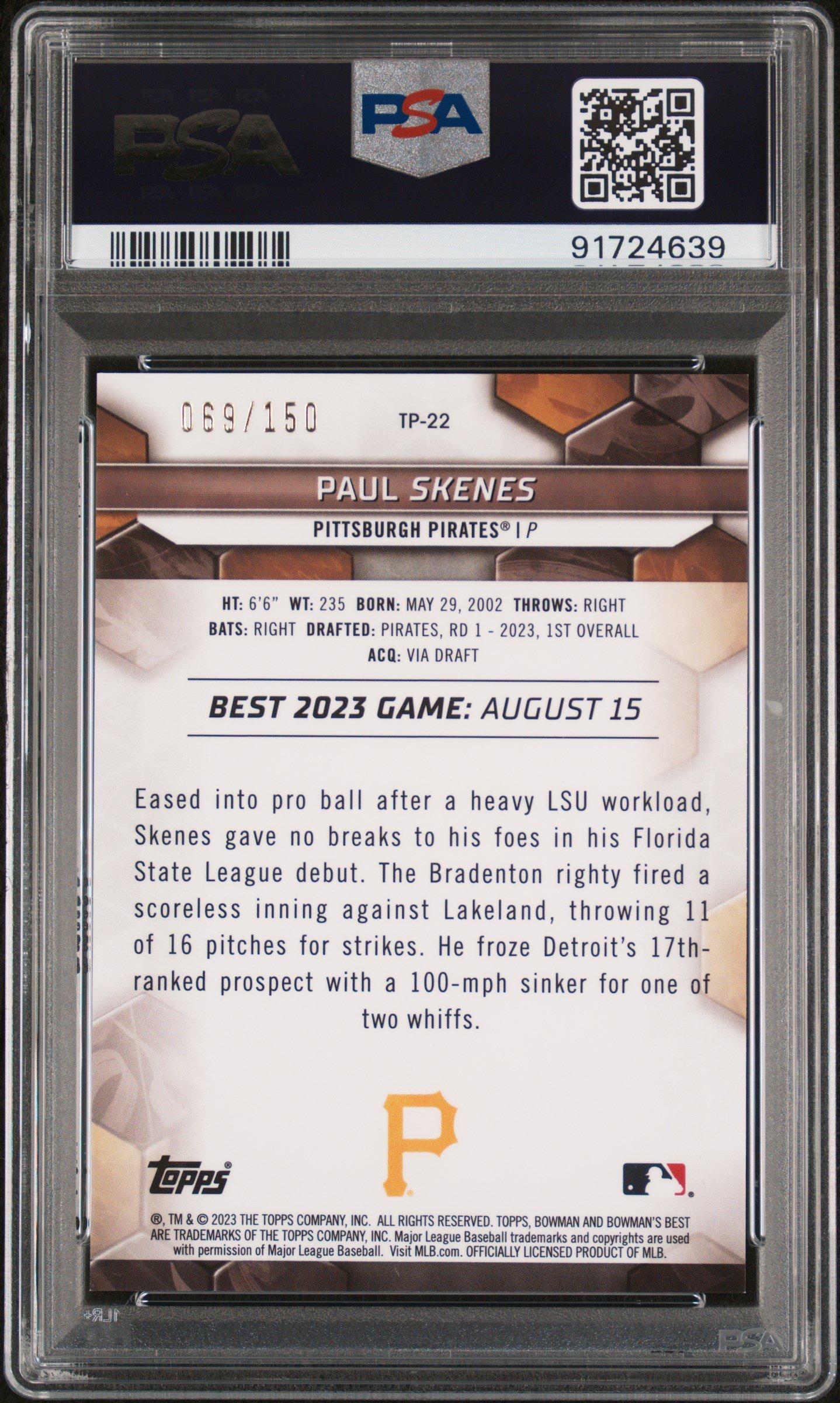 2023 Bowman's Best Top Prospects Tp22 Paul Skenes Blue Refractor PSA 10