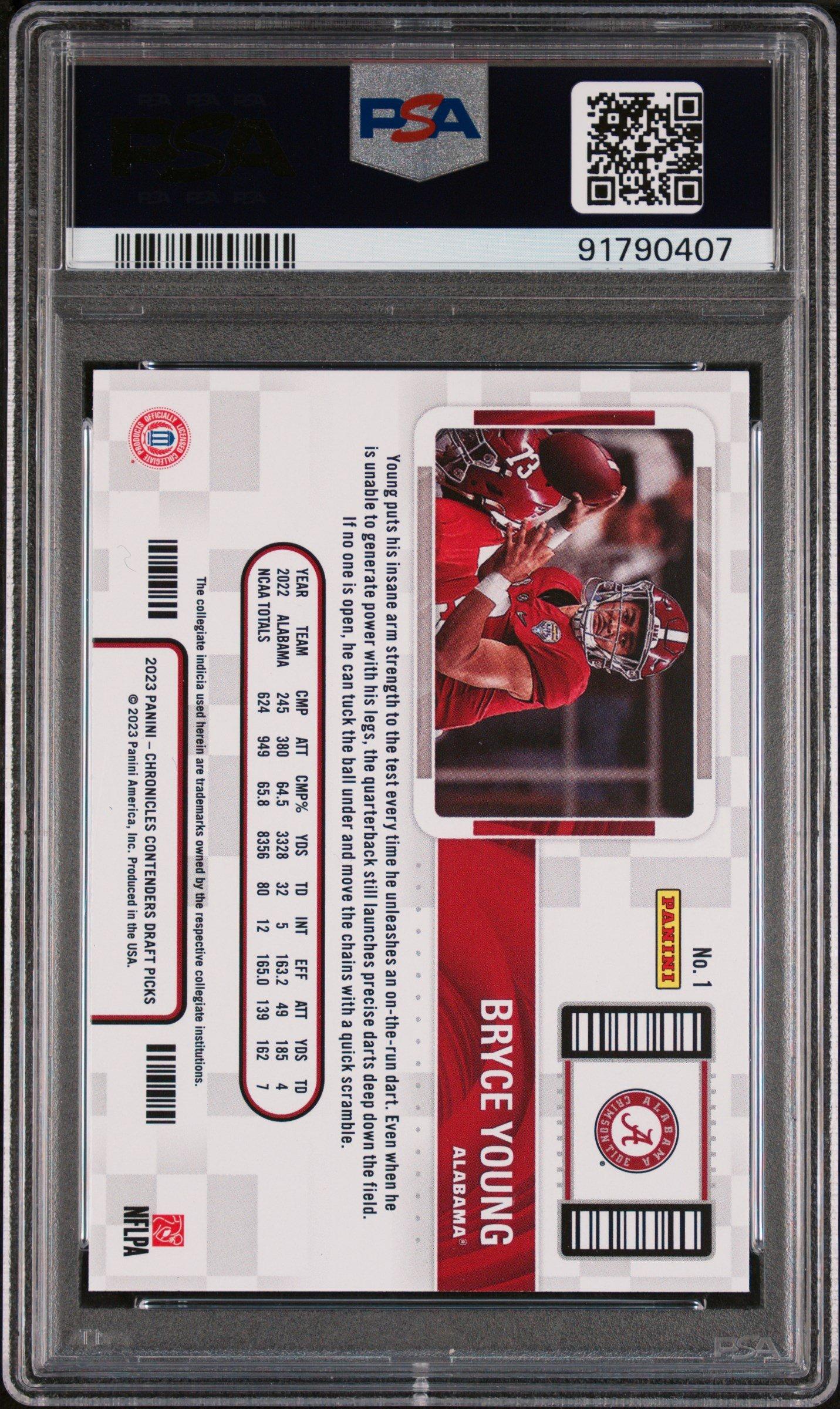 2023 Panini Chronicles Draft Picks Contenders College Ticket 1 Bryce Young PSA 8