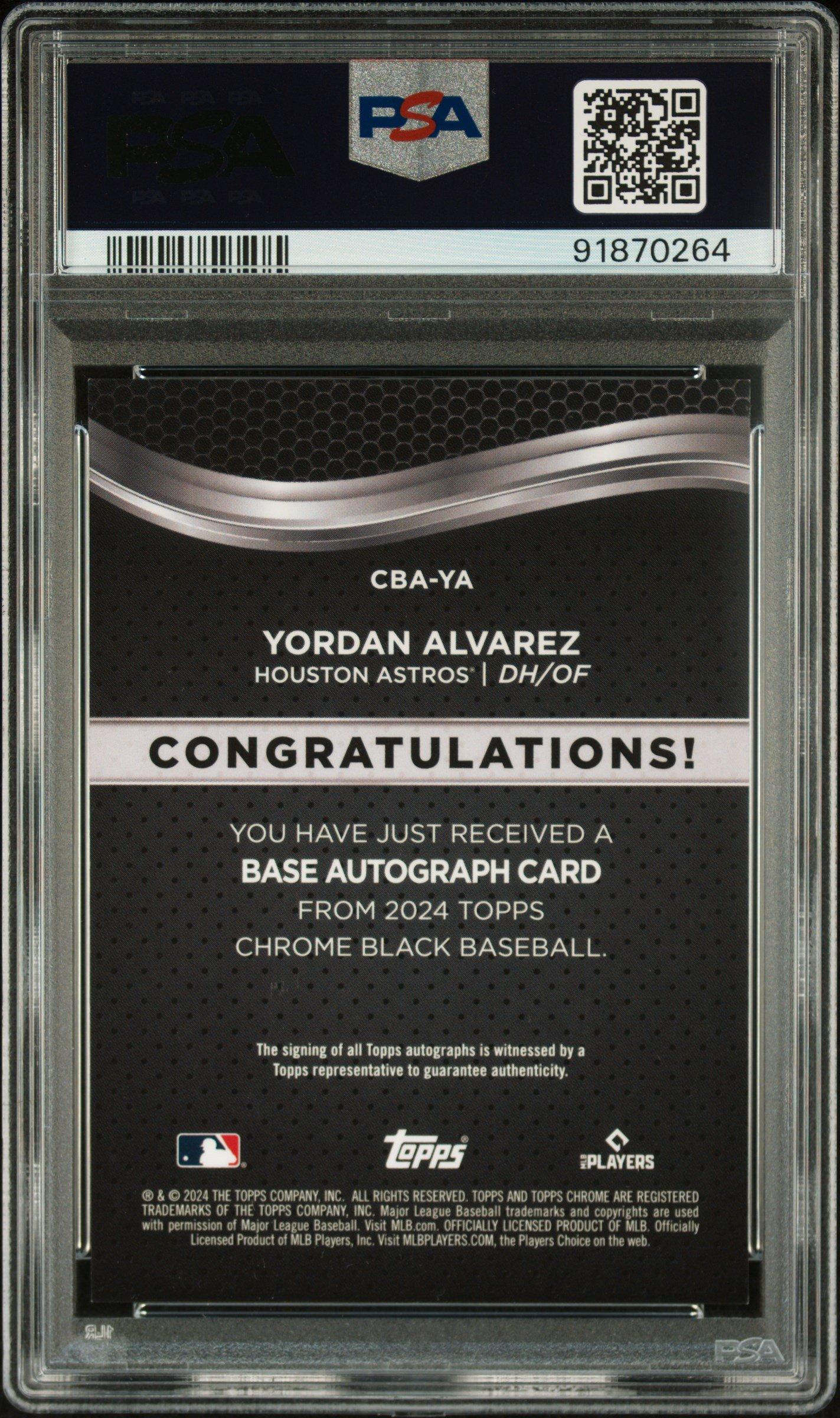 2024 Topps Chrome Black Autographs Ya Yordan Alvarez Orange Refractor PSA 9