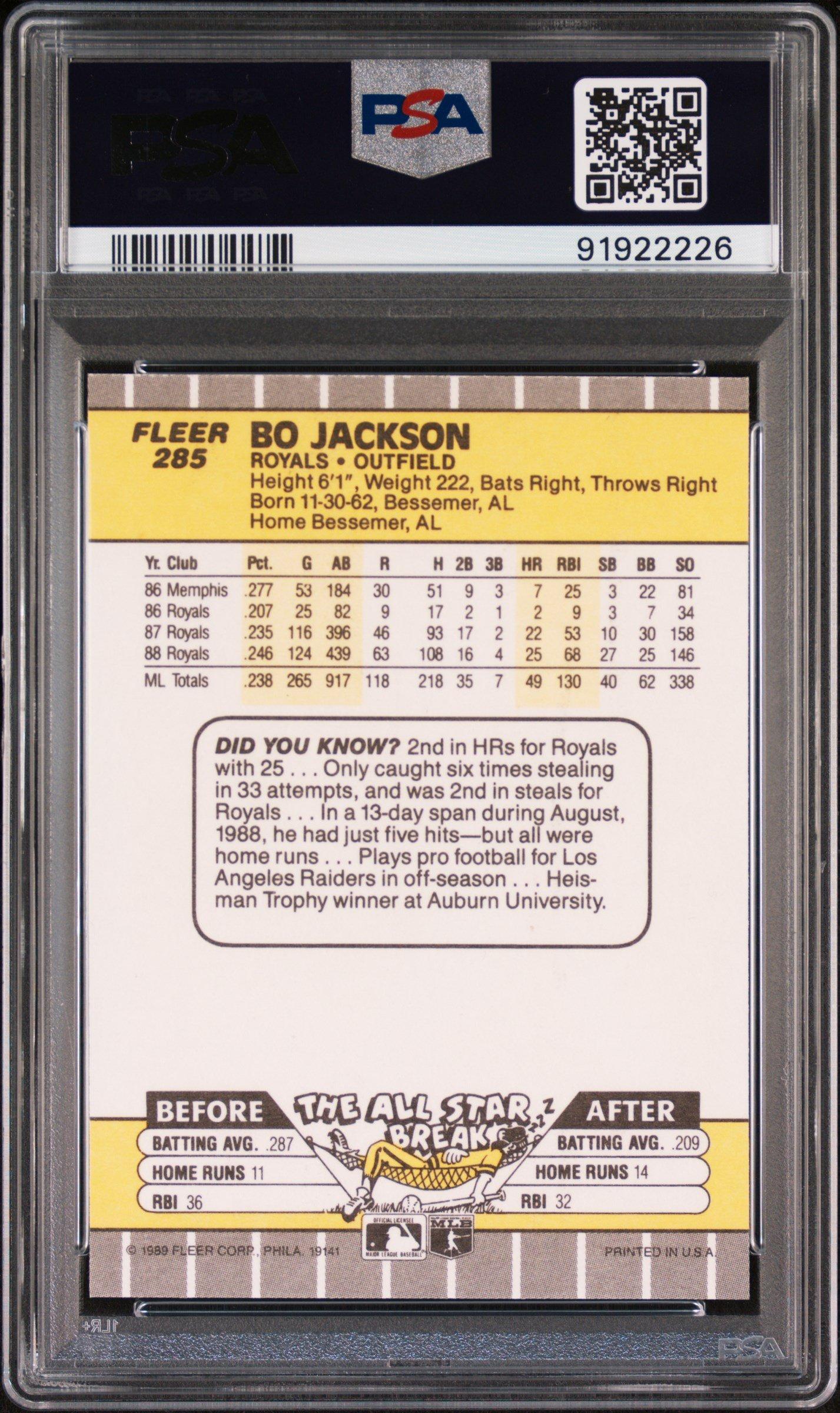 1989 Fleer 285 Bo Jackson PSA 10