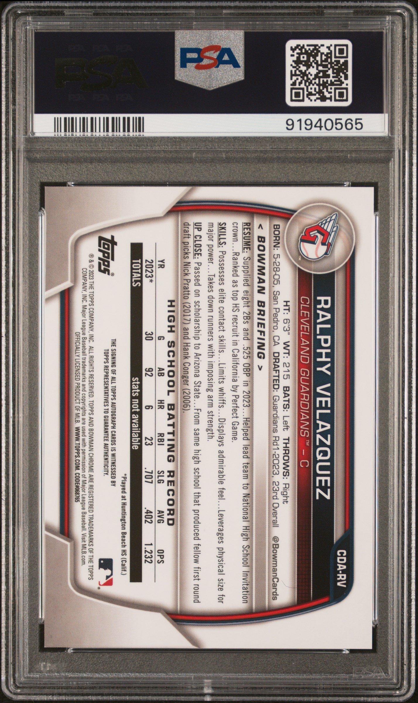 2023 Bowman Draft Chrome Prospect Autograph Cdarv Ralphy Velazquez PSA 10